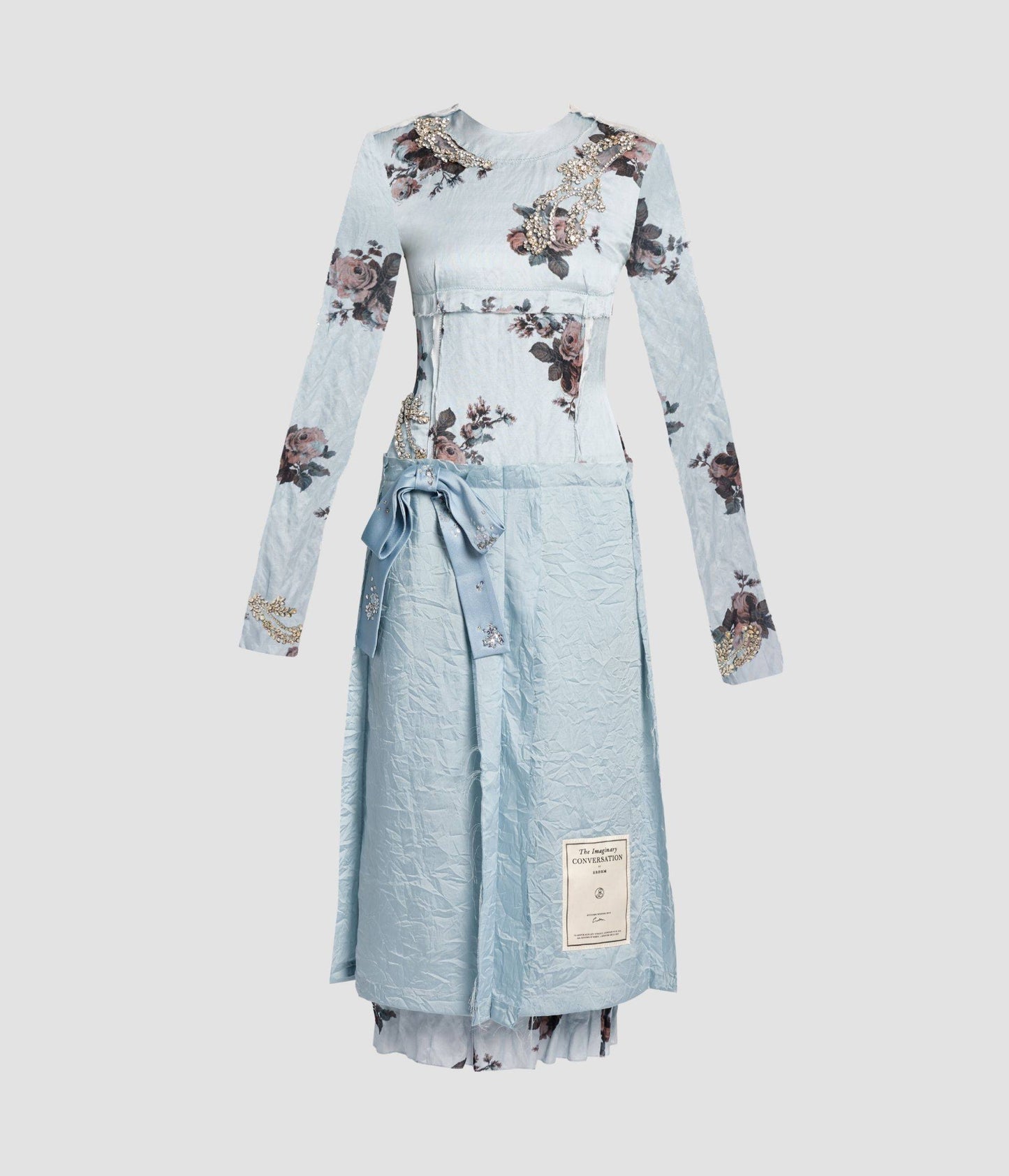 Embroidered Crushed Fluid Satin Long Sleeve Midi Dress