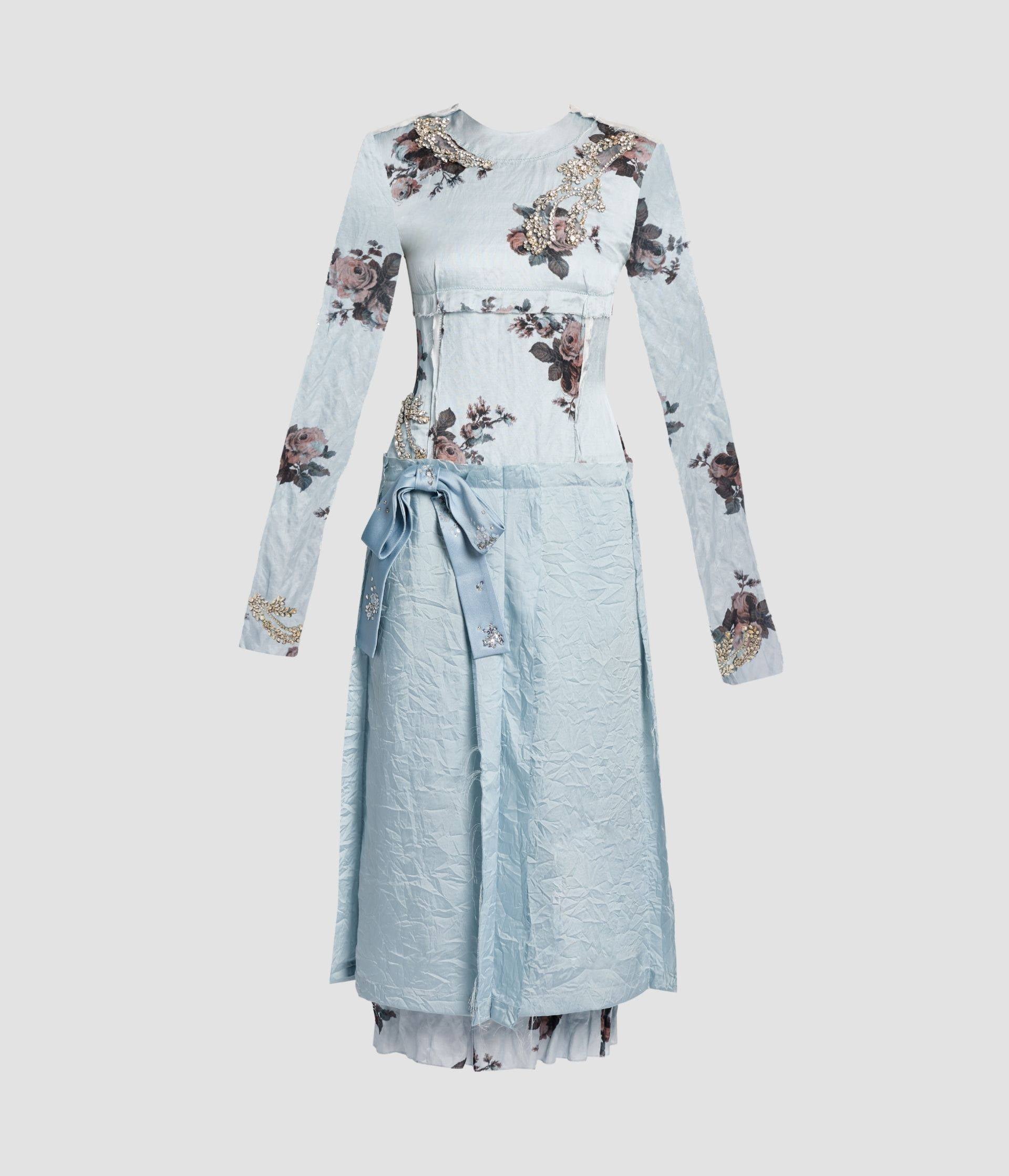 Embroidered Crushed Fluid Satin Long Sleeve Midi Dress