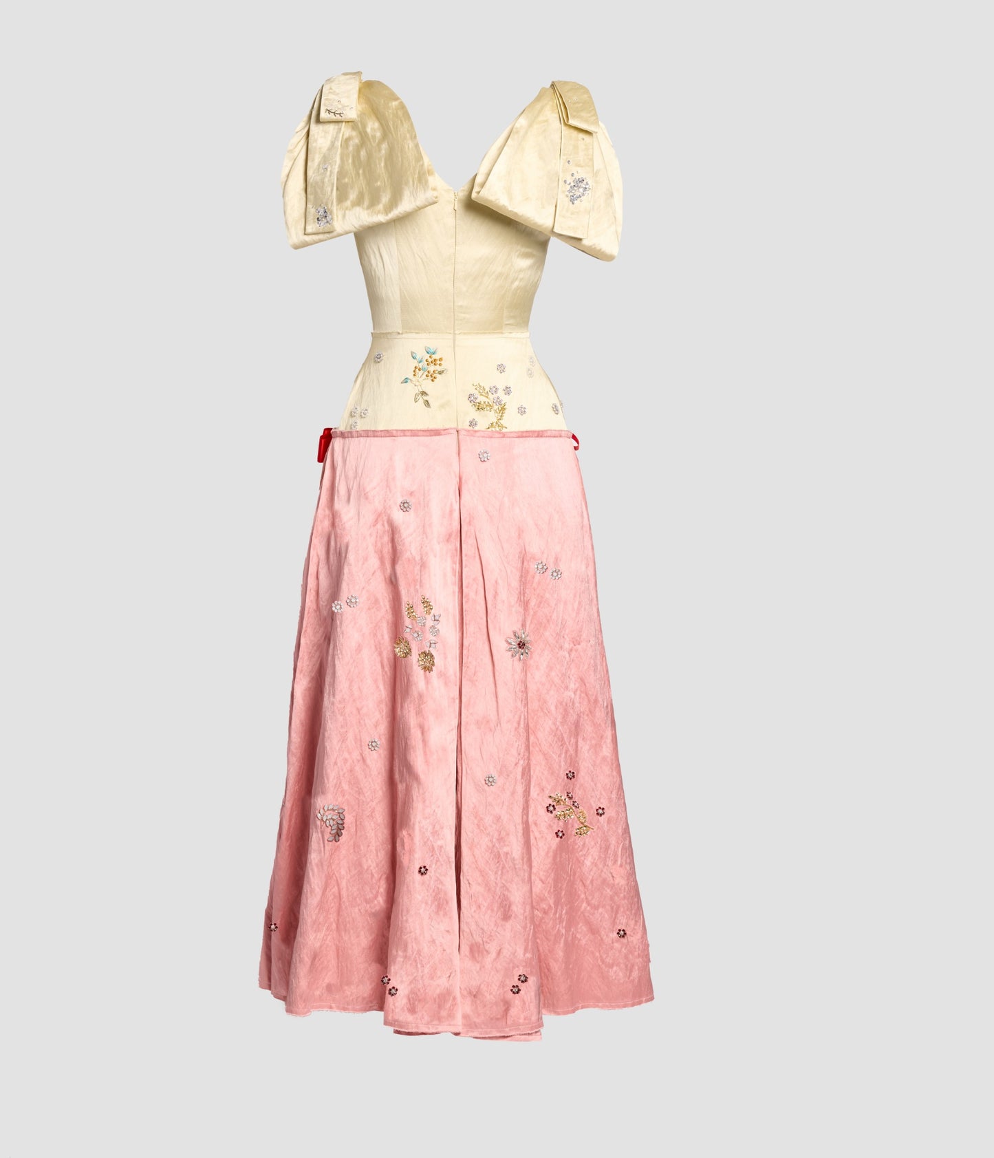 Embroidered Textured Satin Short Sleeve Midi Dress