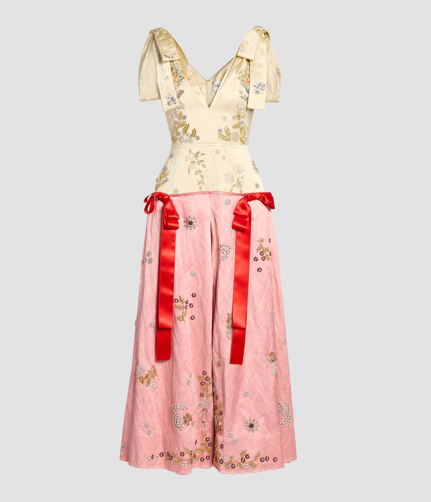 Embroidered Textured Satin Short Sleeve Midi Dress