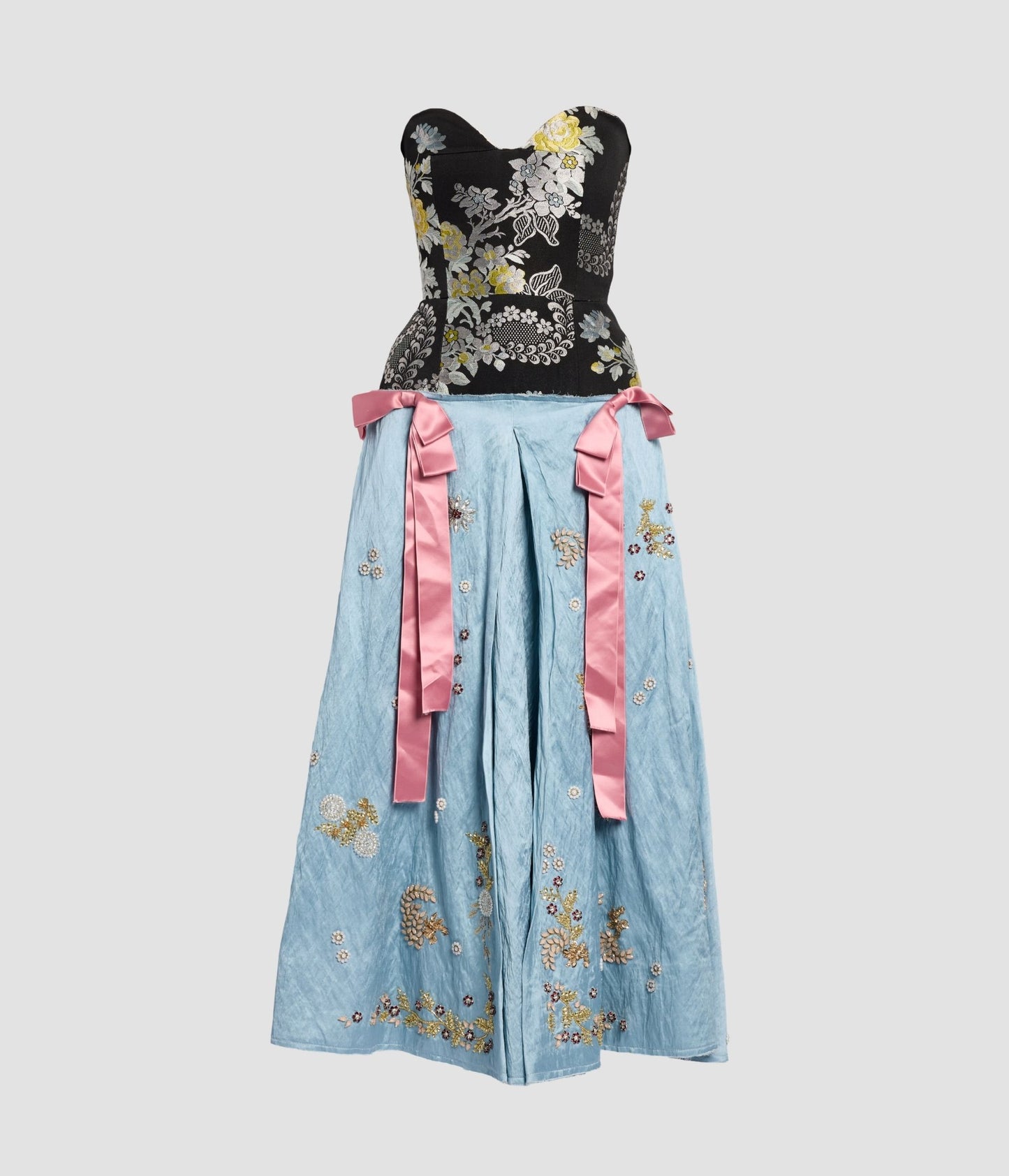Embroidered Textured Satin Strapless Midi Dress