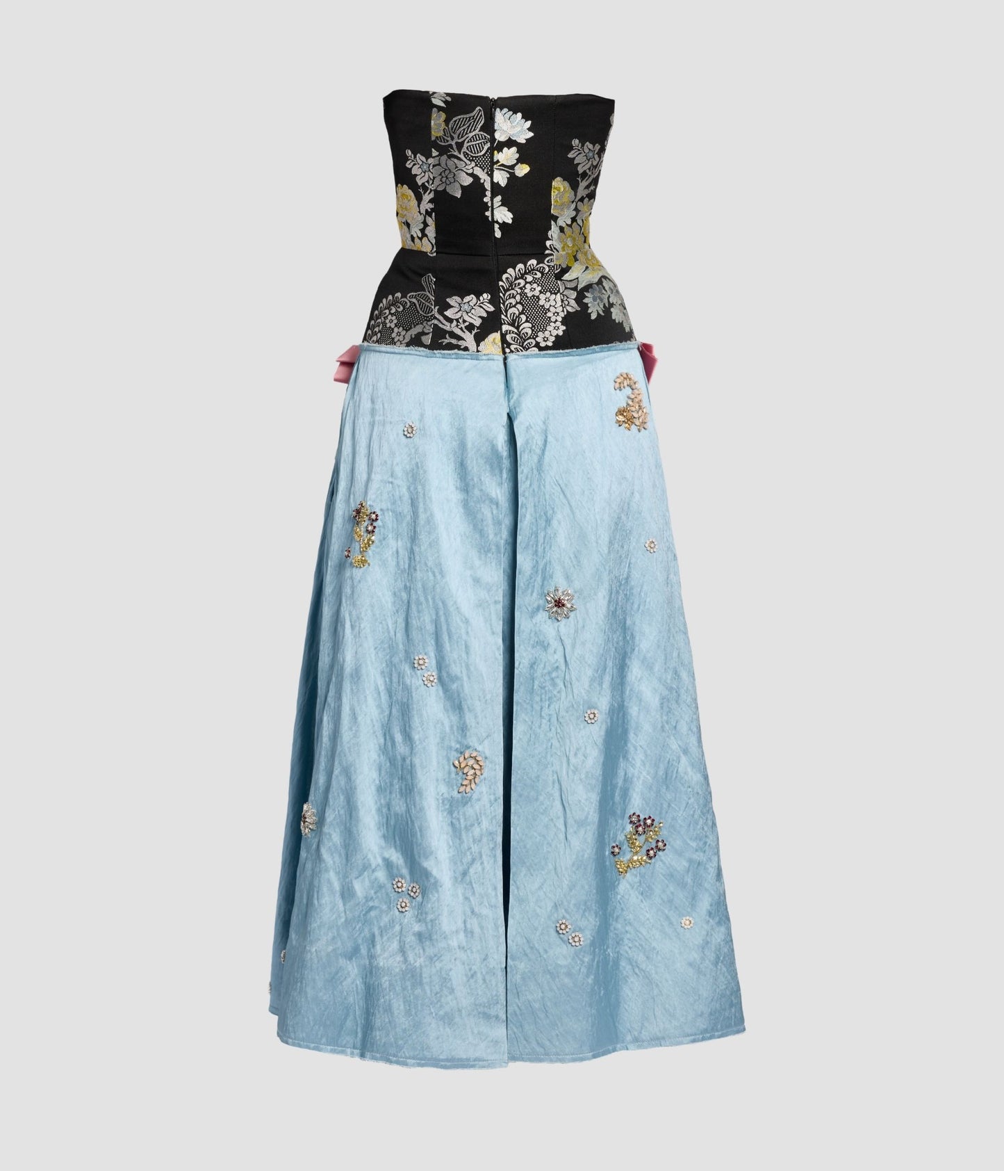 Embroidered Textured Satin Strapless Midi Dress