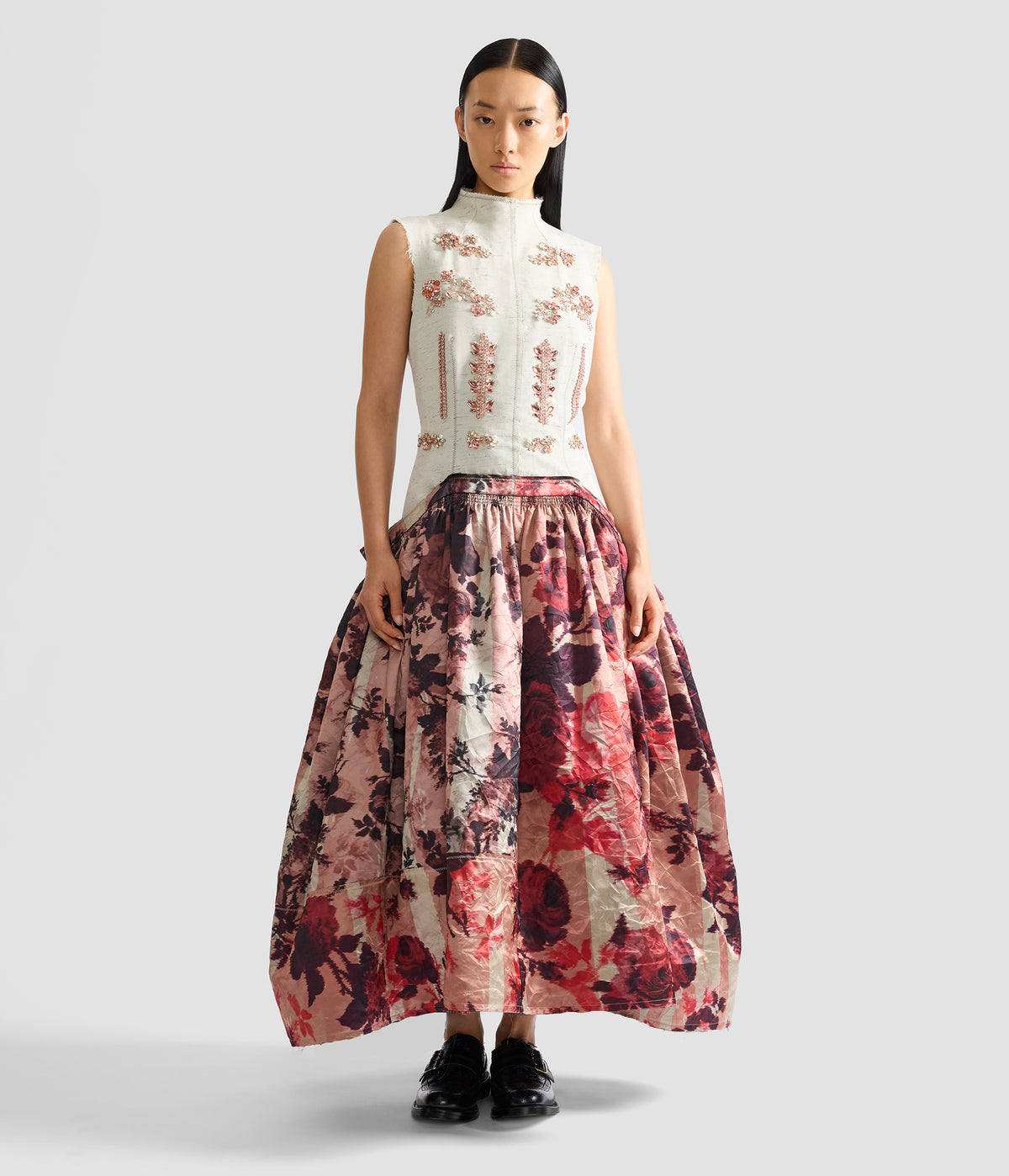 Embroidered Textured Satin Midi Dress