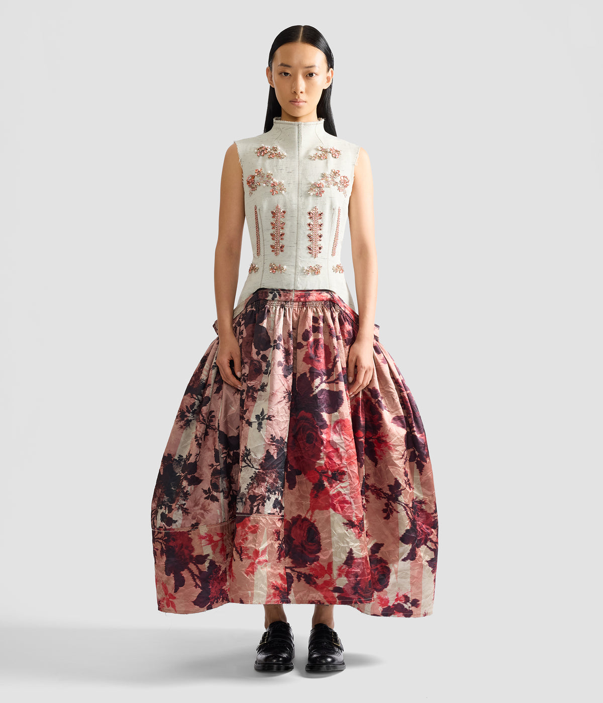 Embroidered Textured Satin Midi Dress