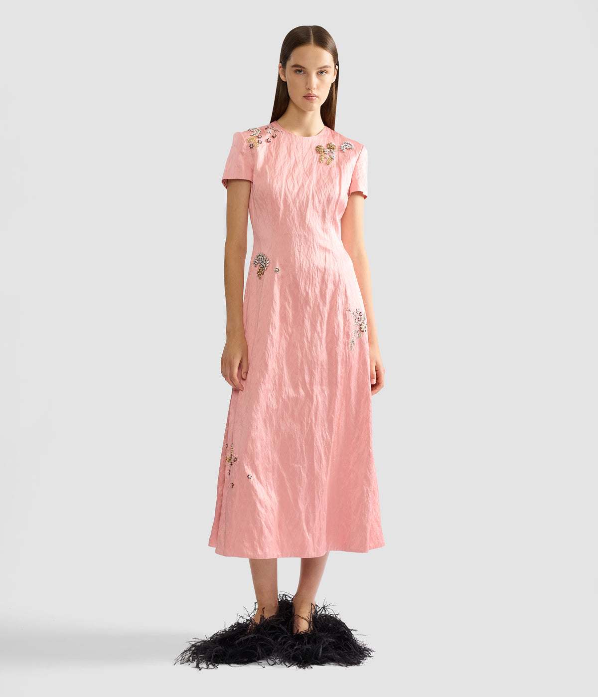 Emroidered Textured Satin Short Sleeve Midi Dress