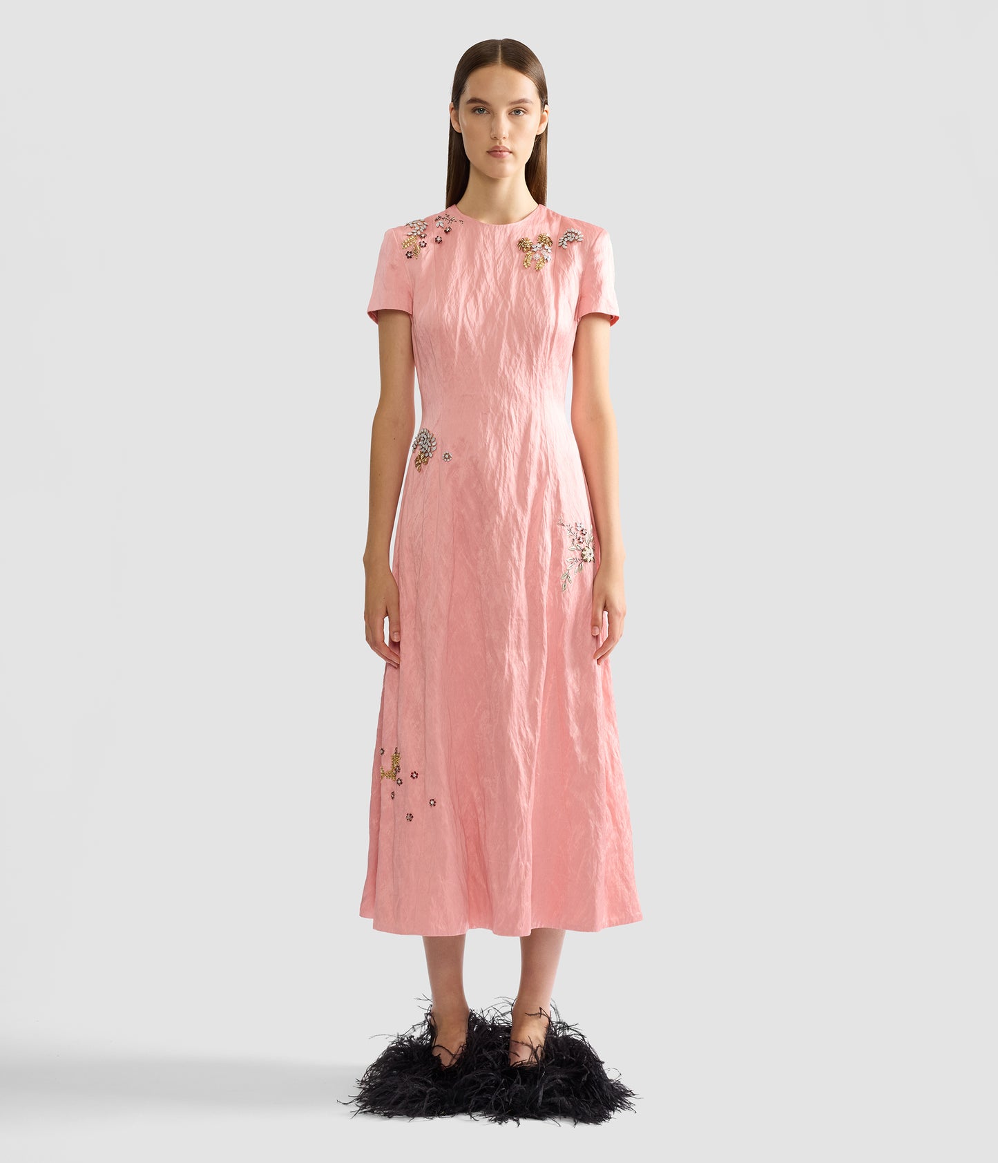 Emroidered Textured Satin Short Sleeve Midi Dress