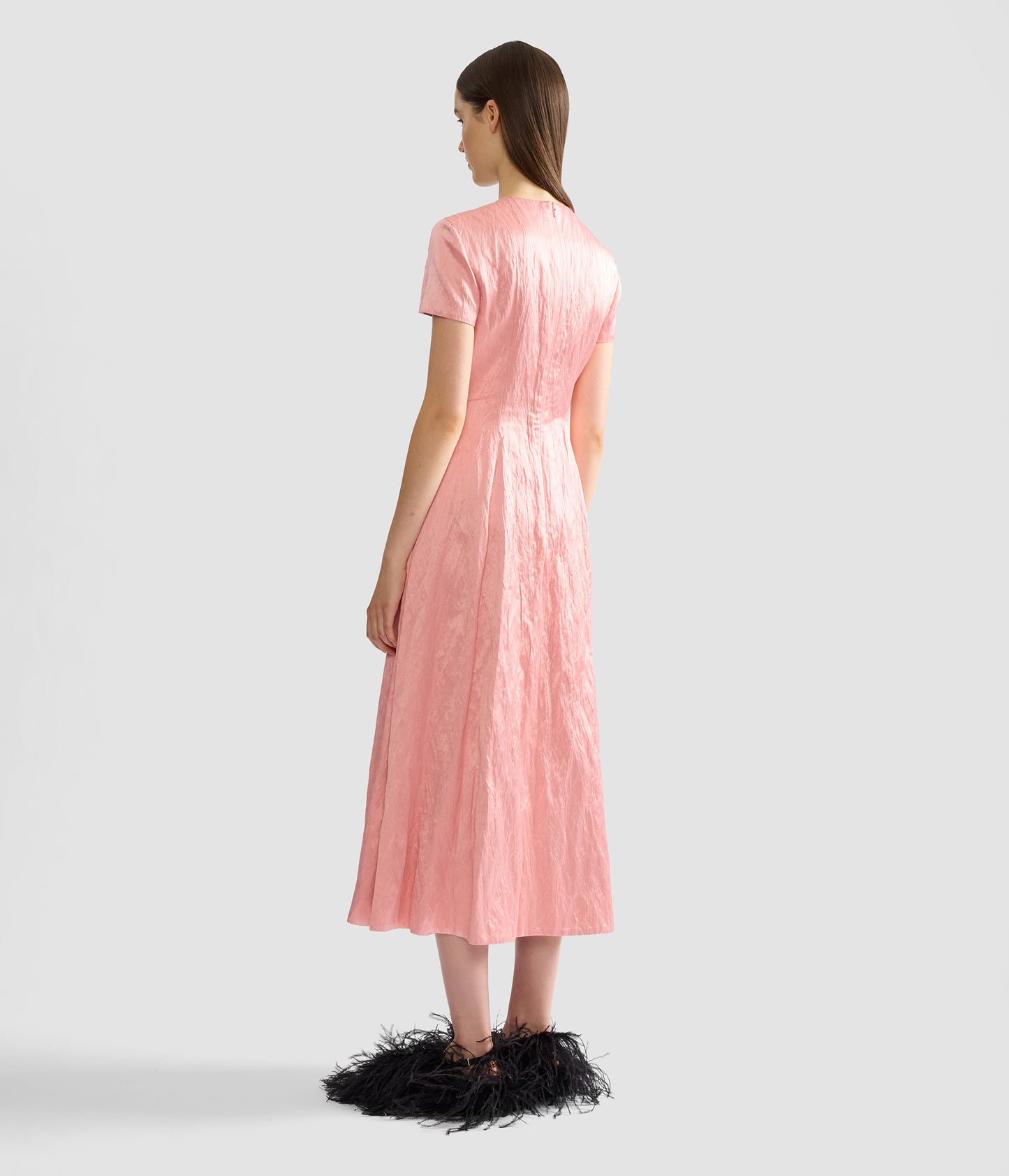 Emroidered Textured Satin Short Sleeve Midi Dress
