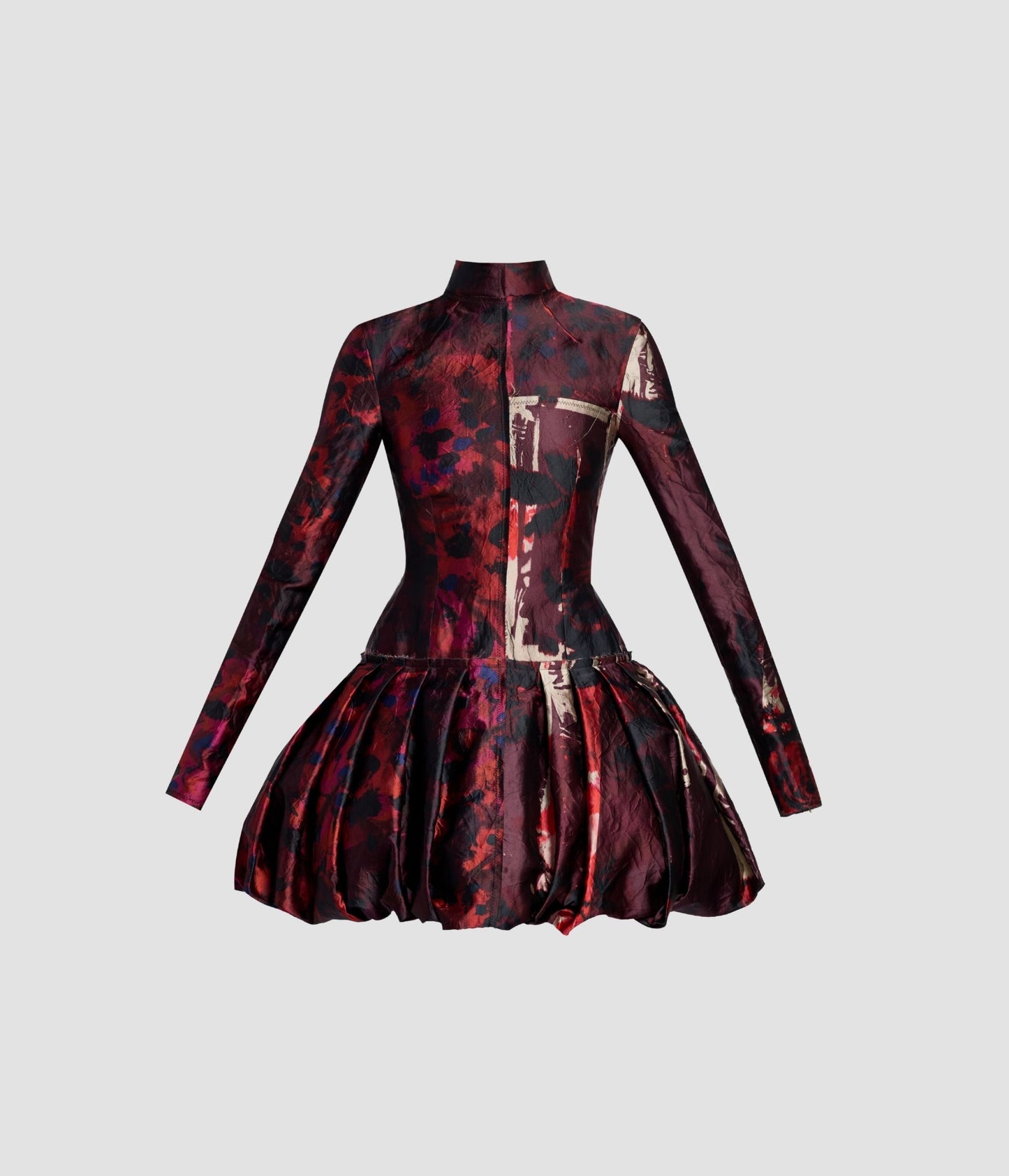 Floral Print Textured Satin Long Sleeve Dress