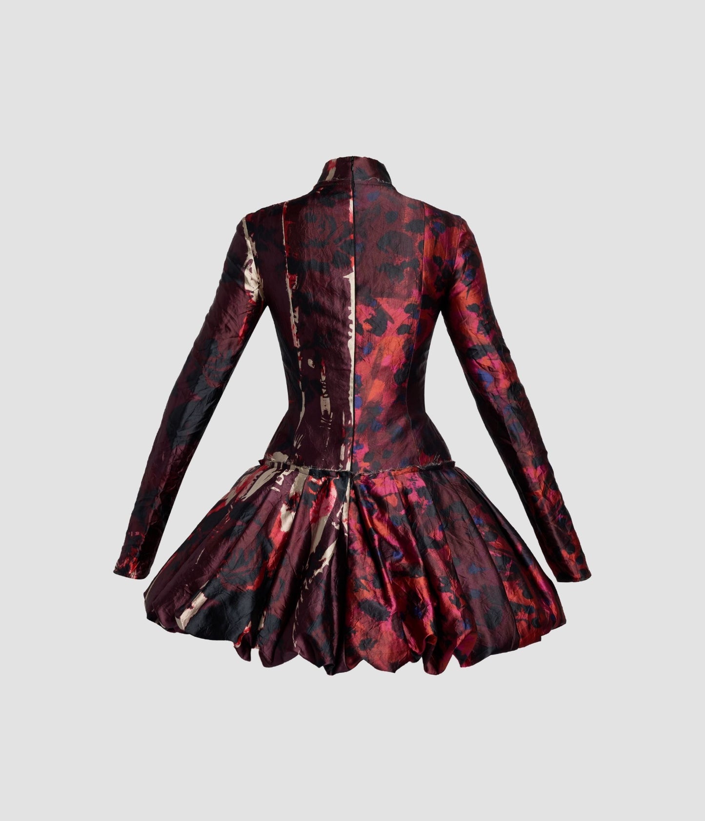 Floral Print Textured Satin Long Sleeve Dress