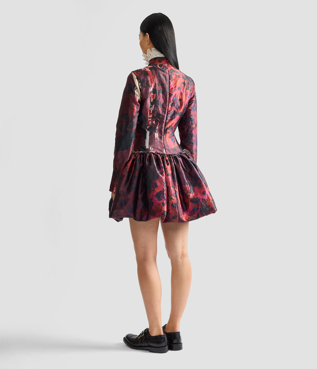 Floral Print Textured Satin Long Sleeve Dress