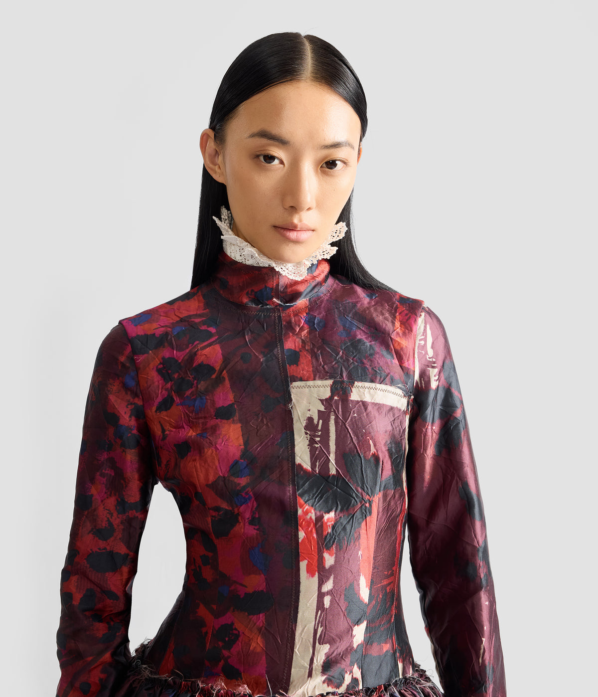 Floral Print Textured Satin Long Sleeve Dress