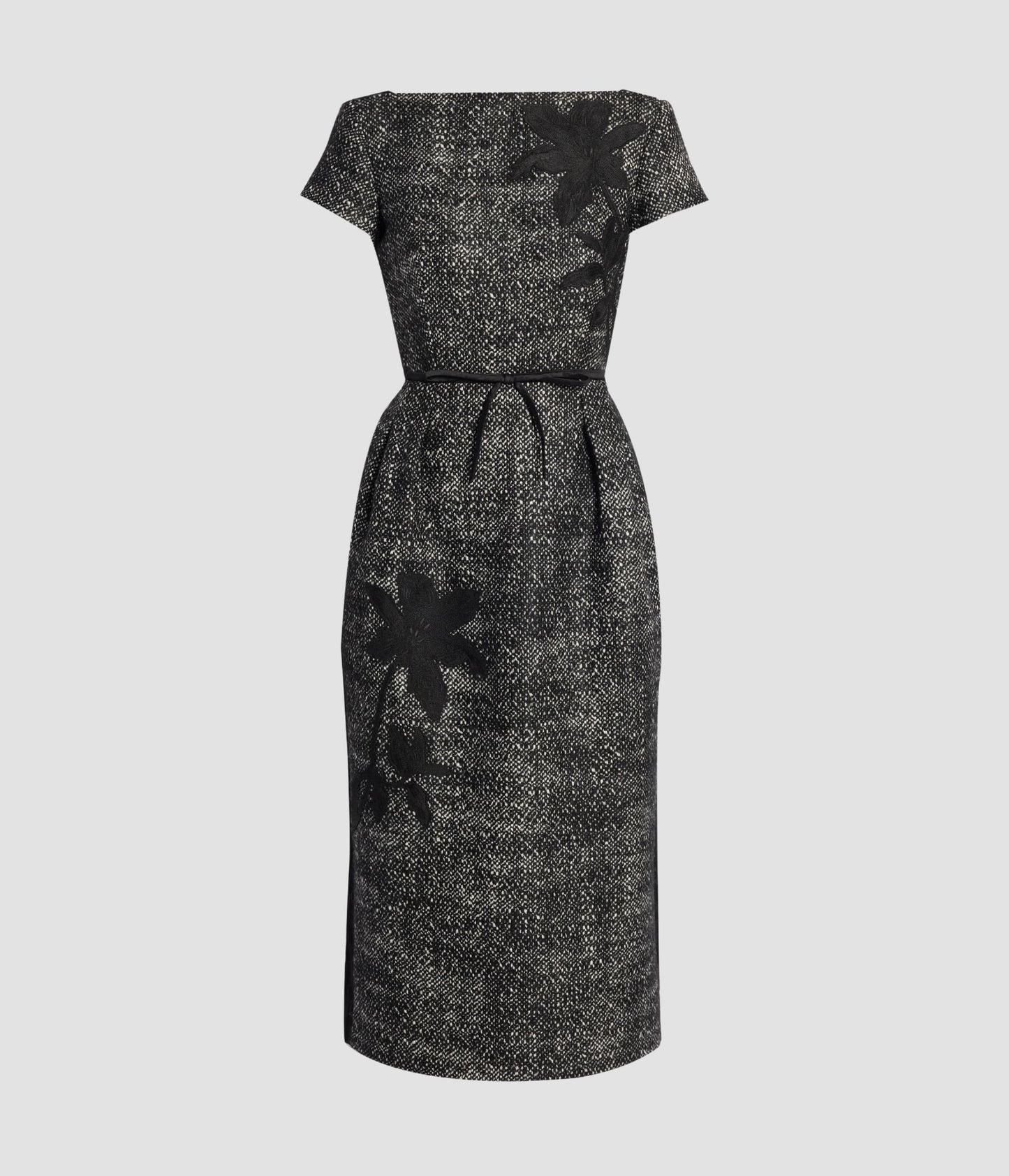 Floral Embroidered Wool Short Sleeve Midi Dress