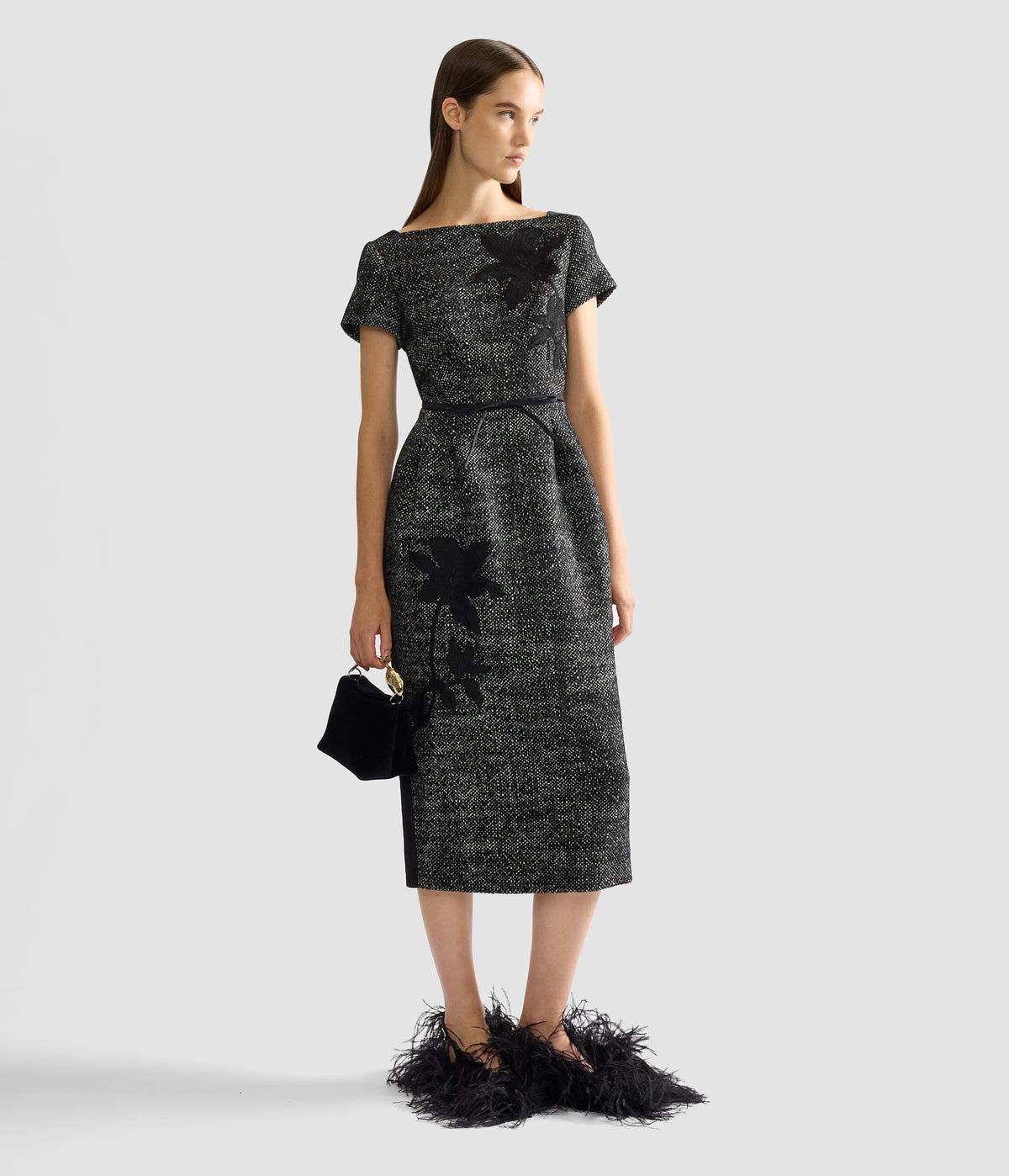 Floral Embroidered Wool Short Sleeve Midi Dress