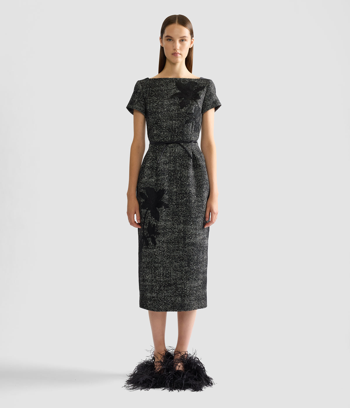 Floral Embroidered Wool Short Sleeve Midi Dress