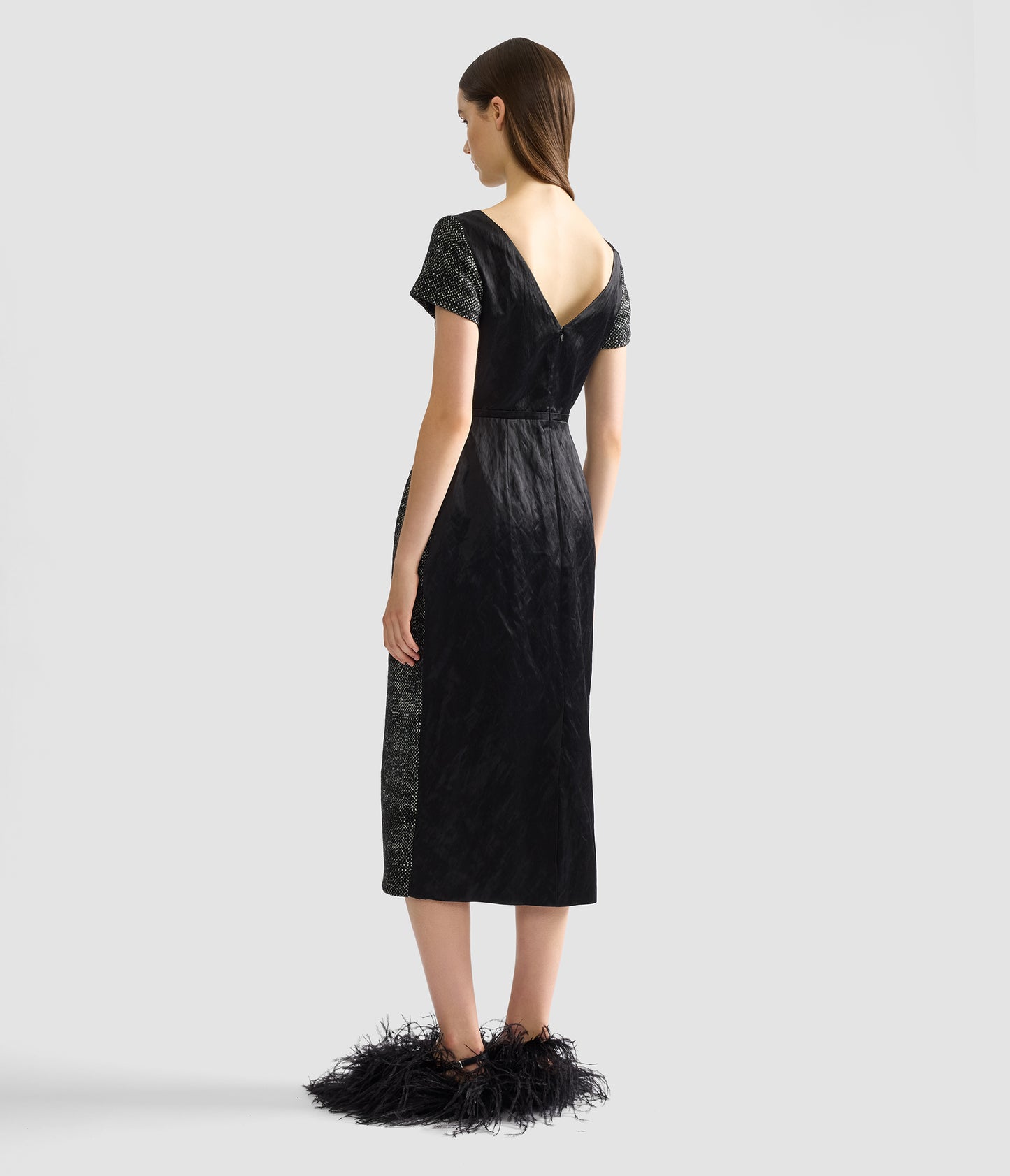 Floral Embroidered Wool Short Sleeve Midi Dress