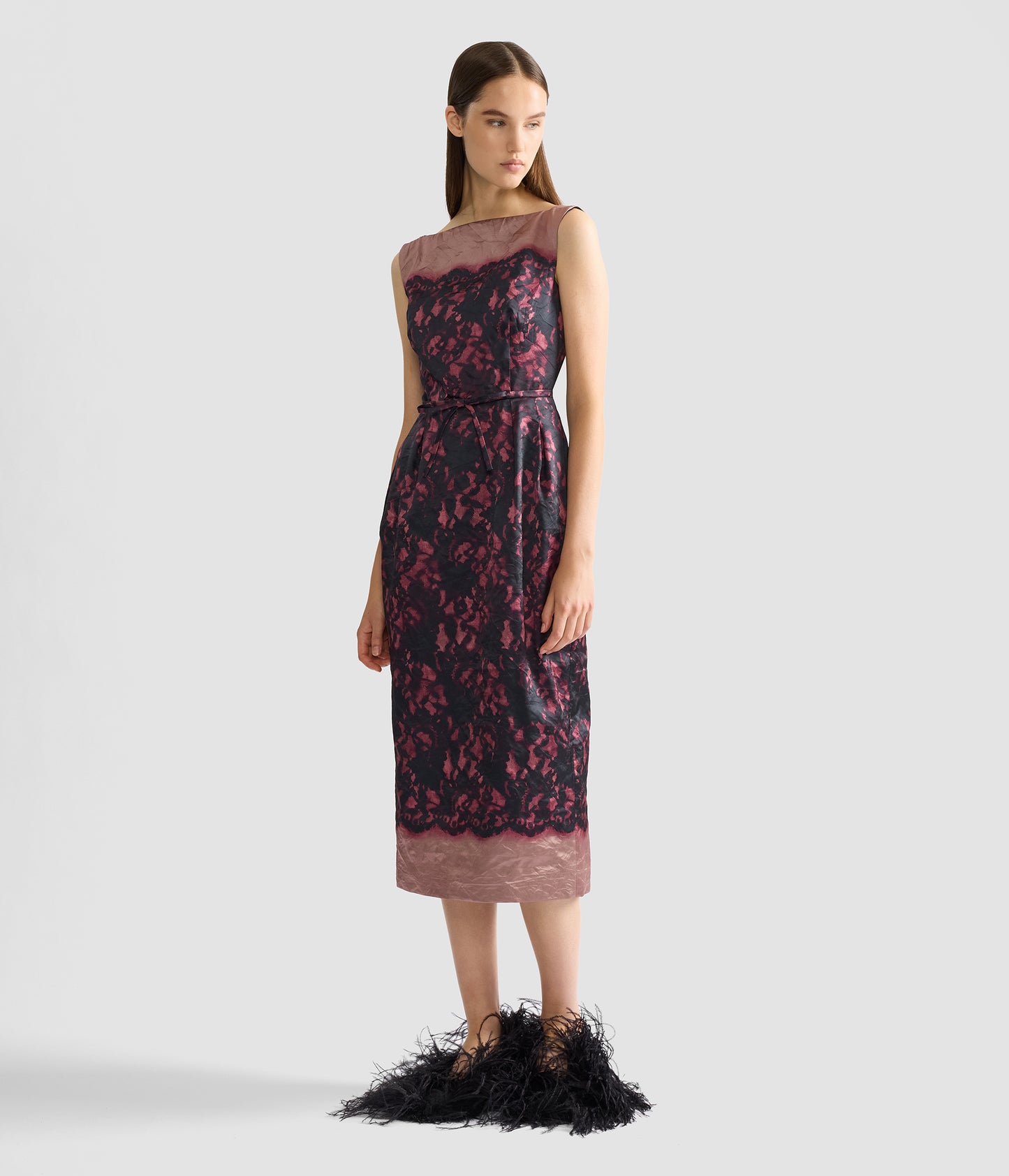 Printed Textured Satin Sleeveless Midi Dress