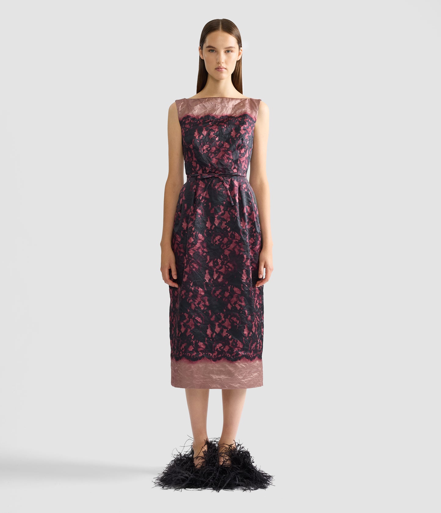 Printed Textured Satin Sleeveless Midi Dress
