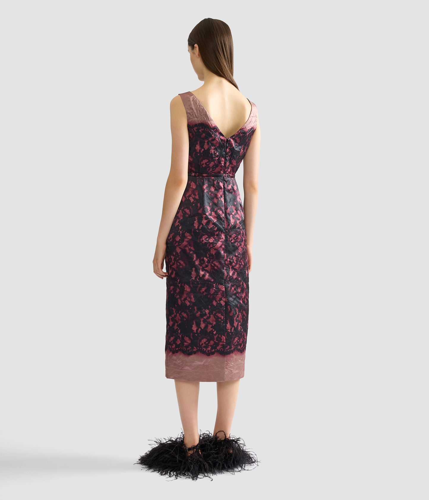 Printed Textured Satin Sleeveless Midi Dress