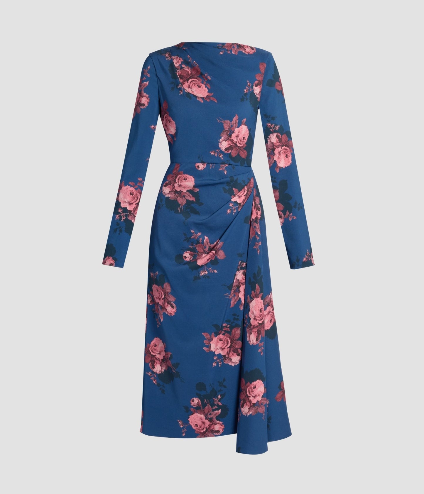 Floral Cady Long Sleeve Draped Midi Dress