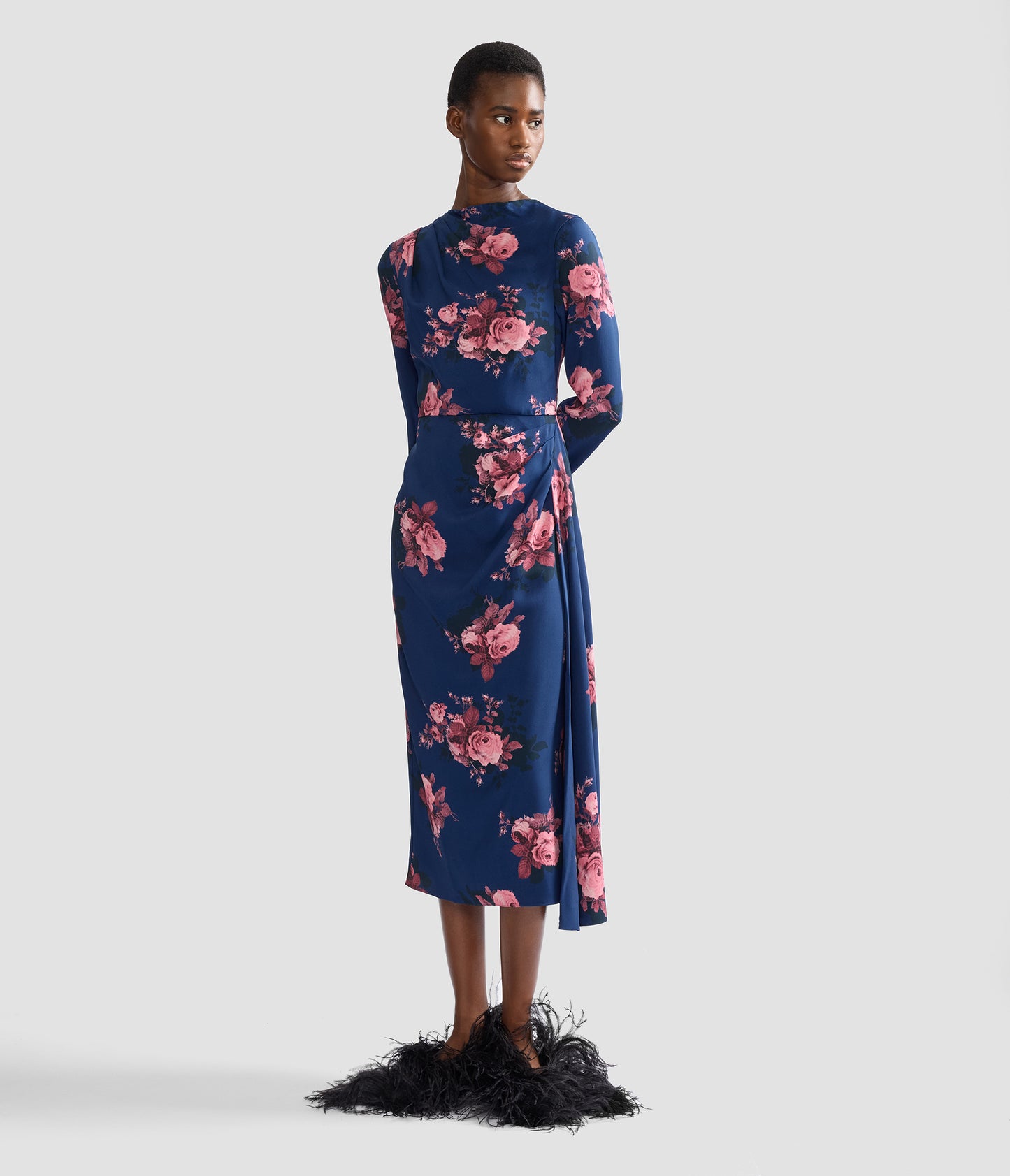 Floral Cady Long Sleeve Draped Midi Dress