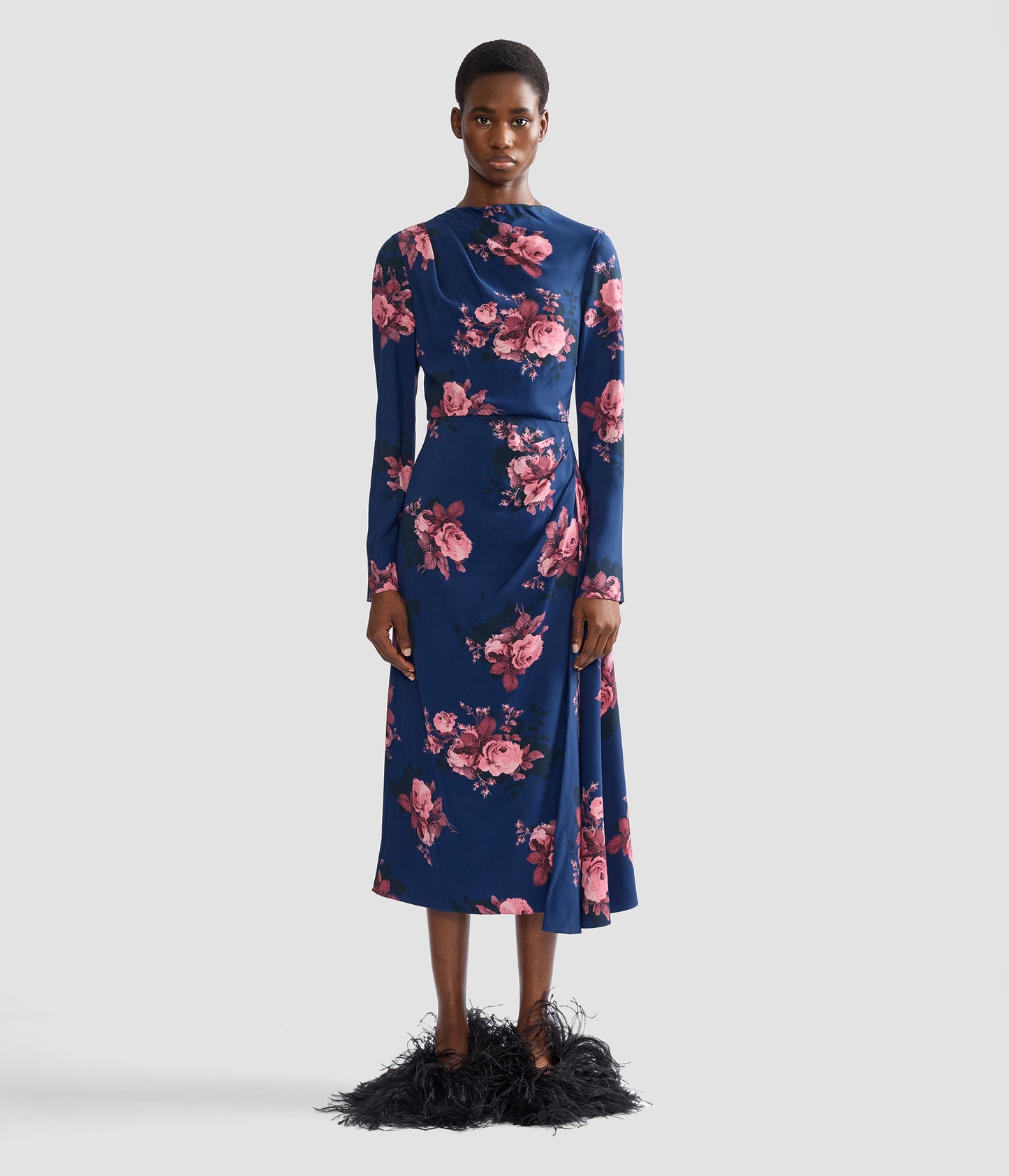 Floral Cady Long Sleeve Draped Midi Dress