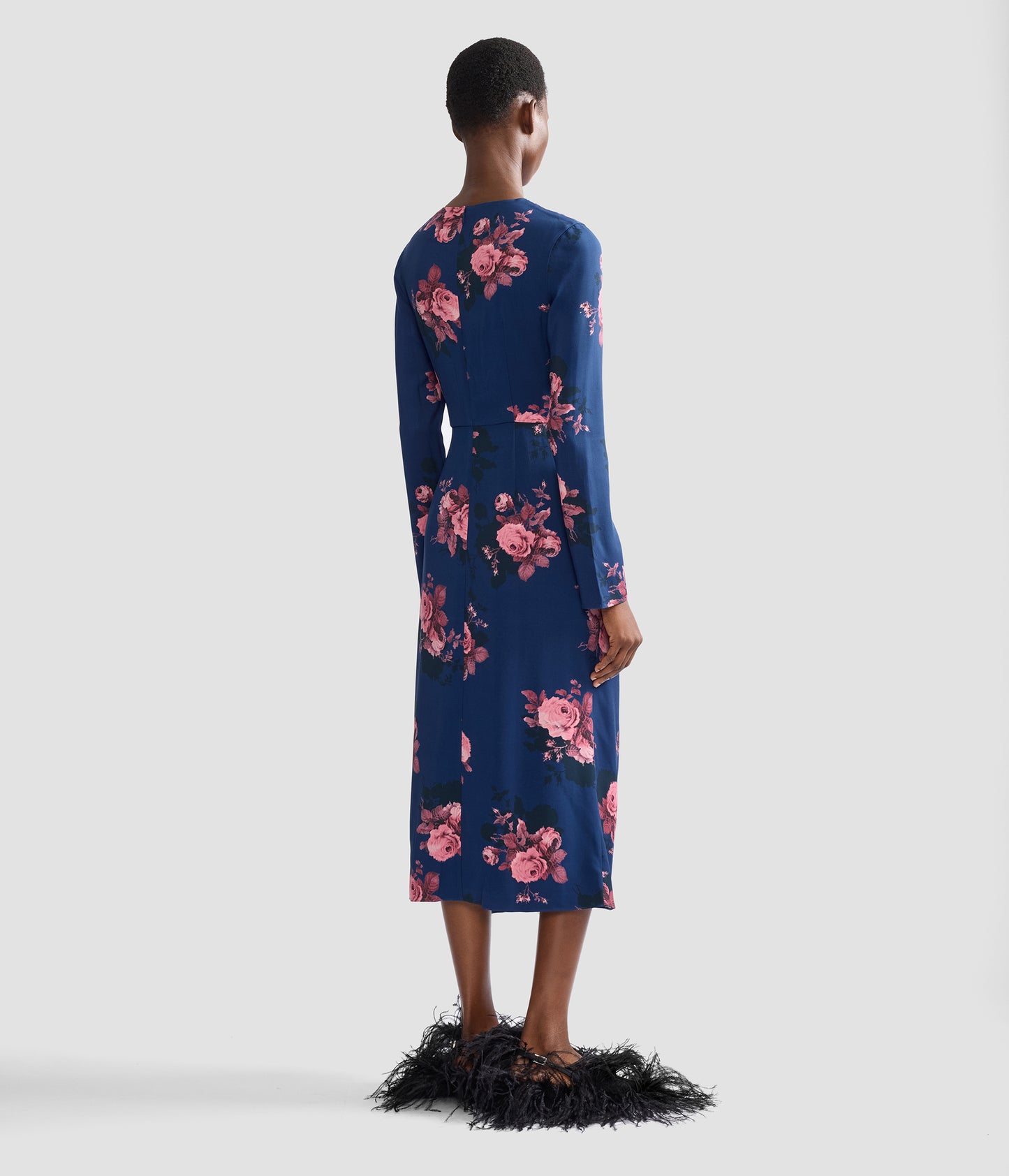 Floral Cady Long Sleeve Draped Midi Dress