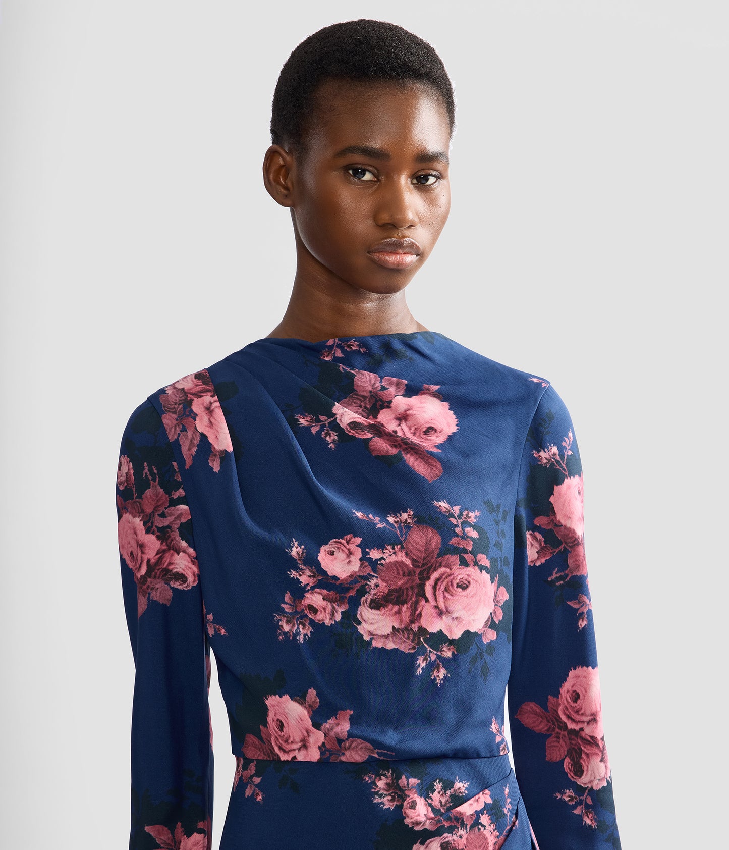 Floral Cady Long Sleeve Draped Midi Dress