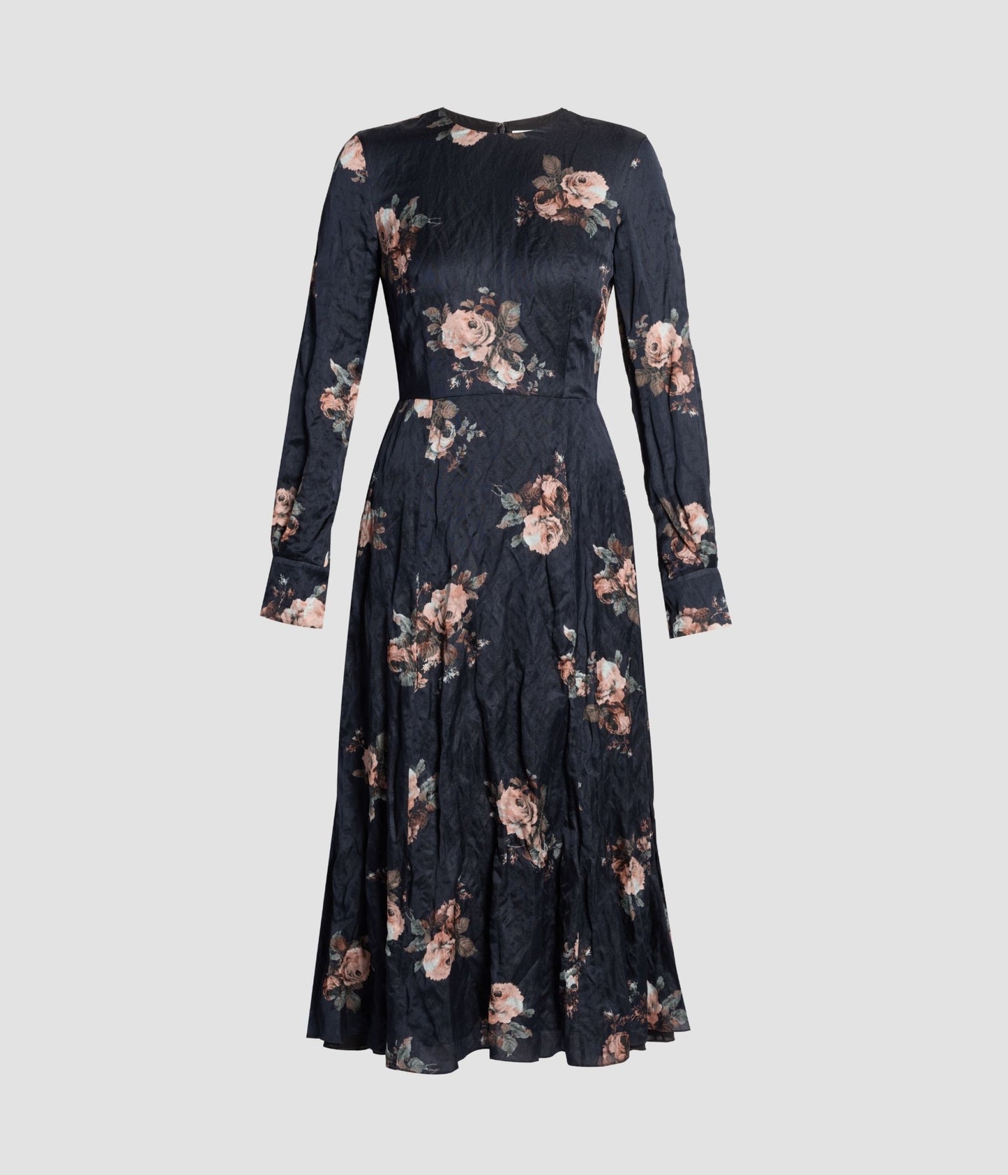 Floral Crushed Satin Long Sleeve Midi Dress