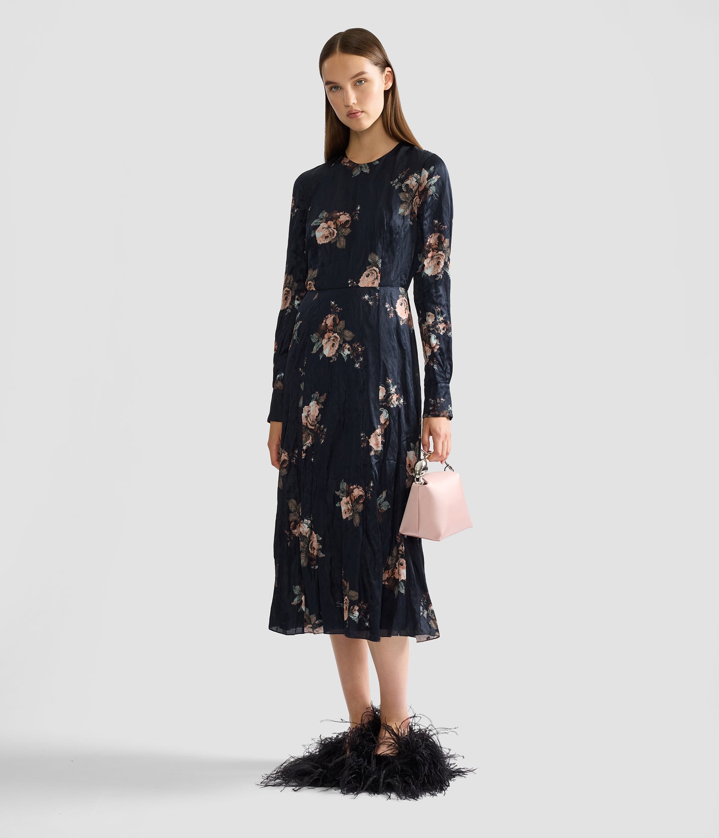 Floral Crushed Satin Long Sleeve Midi Dress