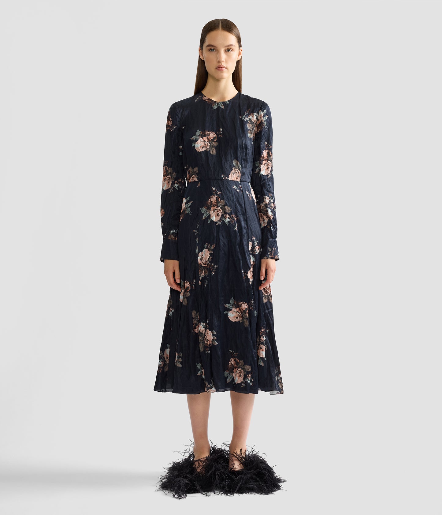 Floral Crushed Satin Long Sleeve Midi Dress