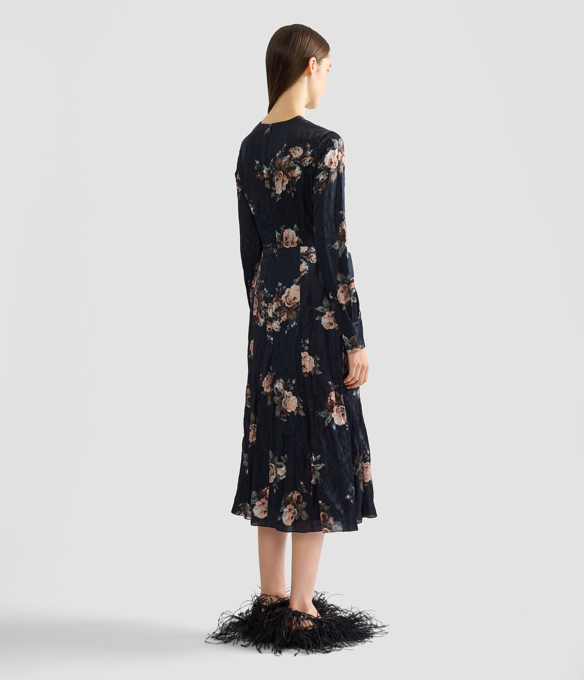 Floral Crushed Satin Long Sleeve Midi Dress