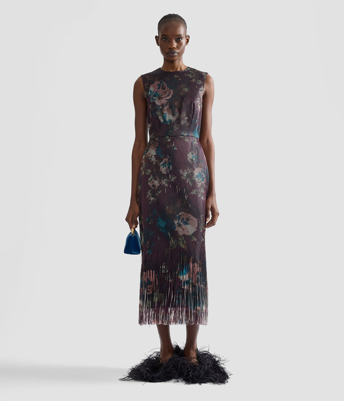 Floral Fringe Jacquard Sleeveless Midi Dress