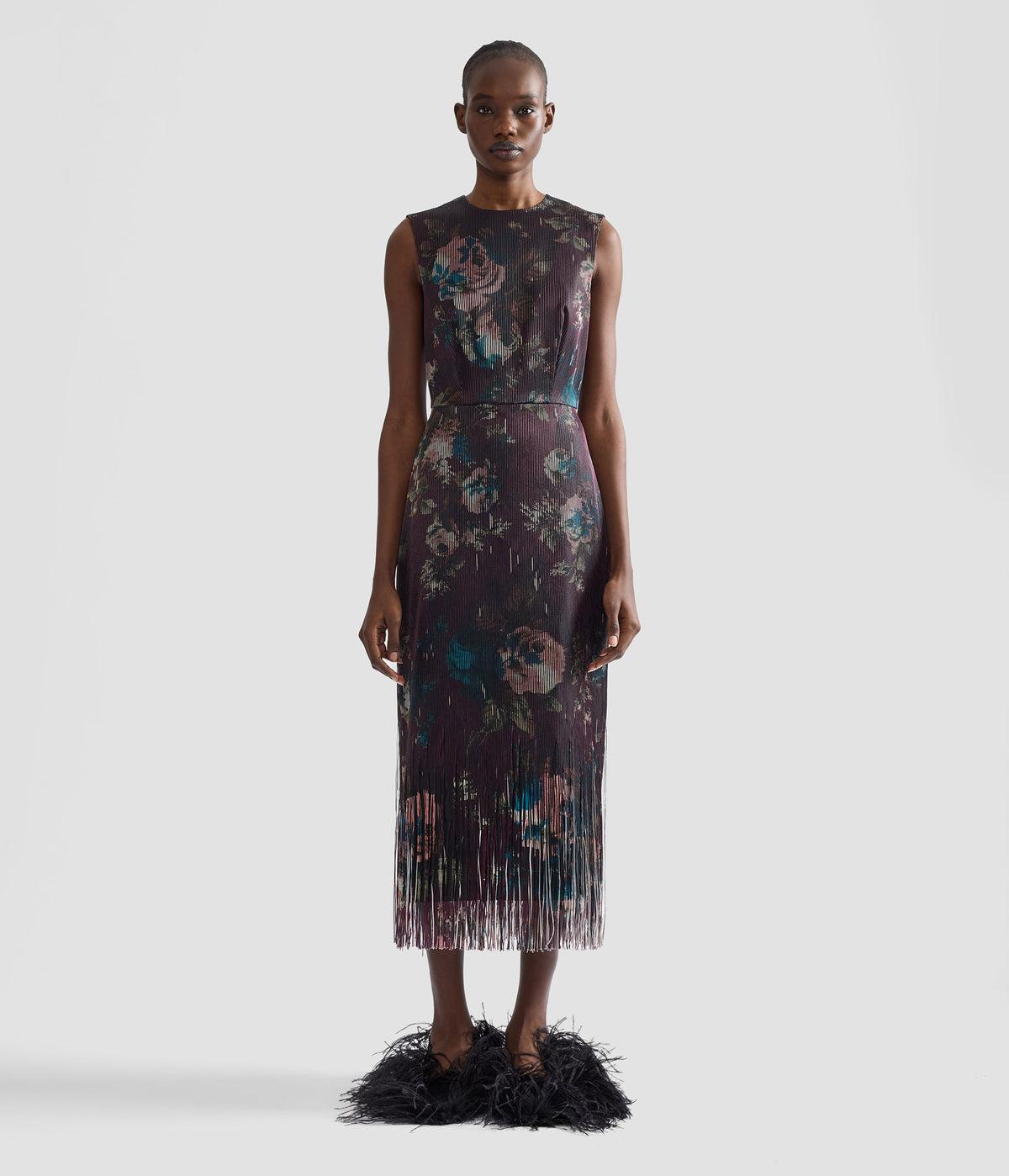 Floral Fringe Jacquard Sleeveless Midi Dress