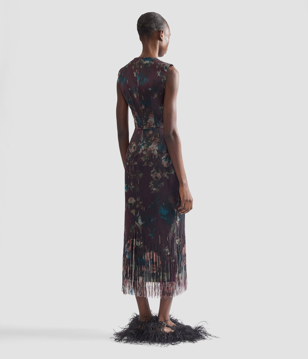 Floral Fringe Jacquard Sleeveless Midi Dress