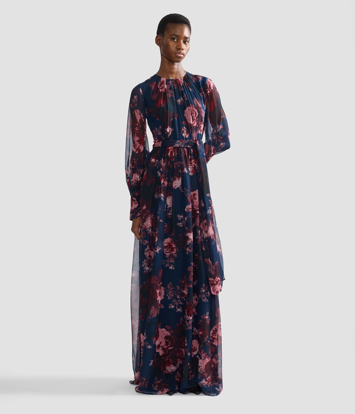 Floral Silk Creponne Long Sleeve Gown