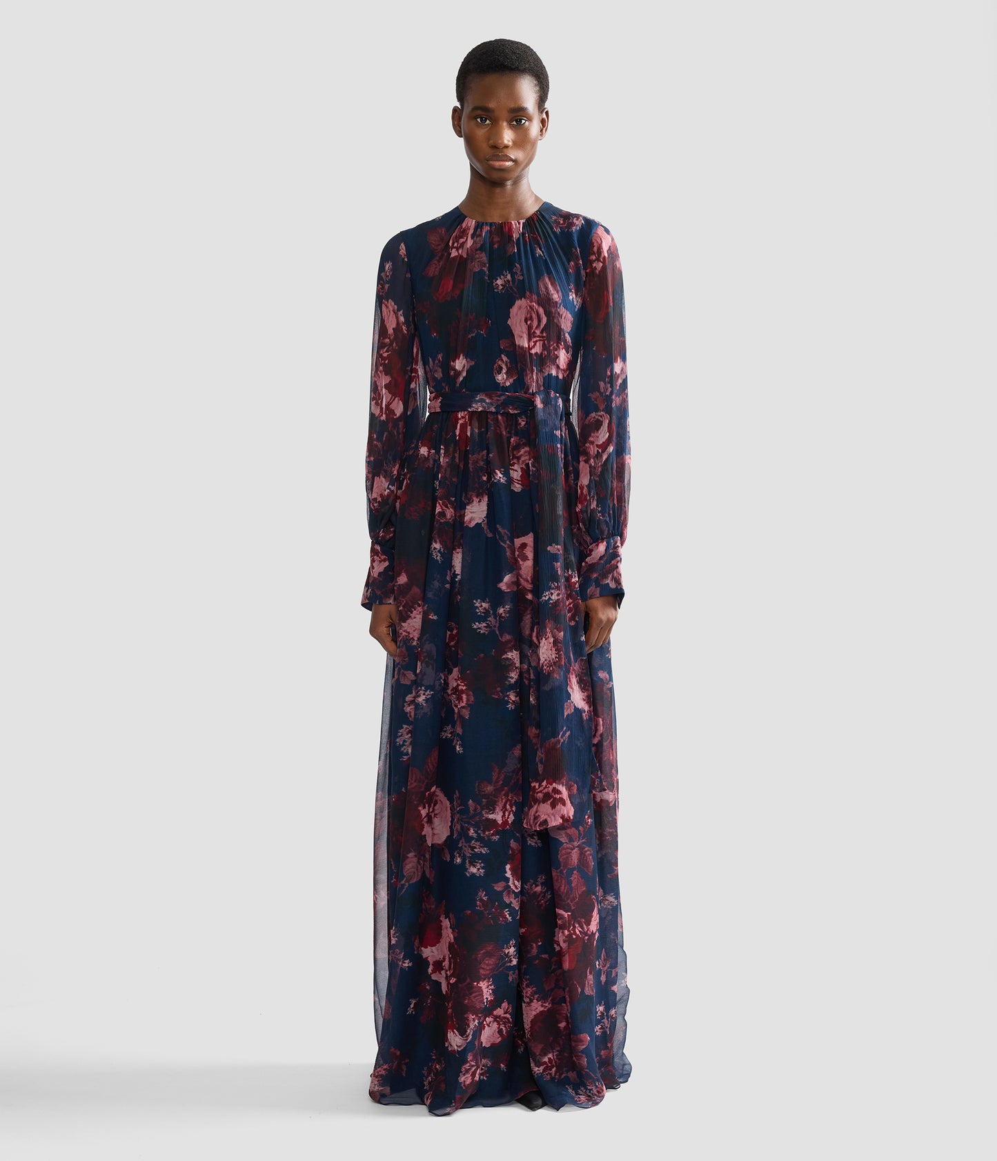 Floral Silk Creponne Long Sleeve Gown