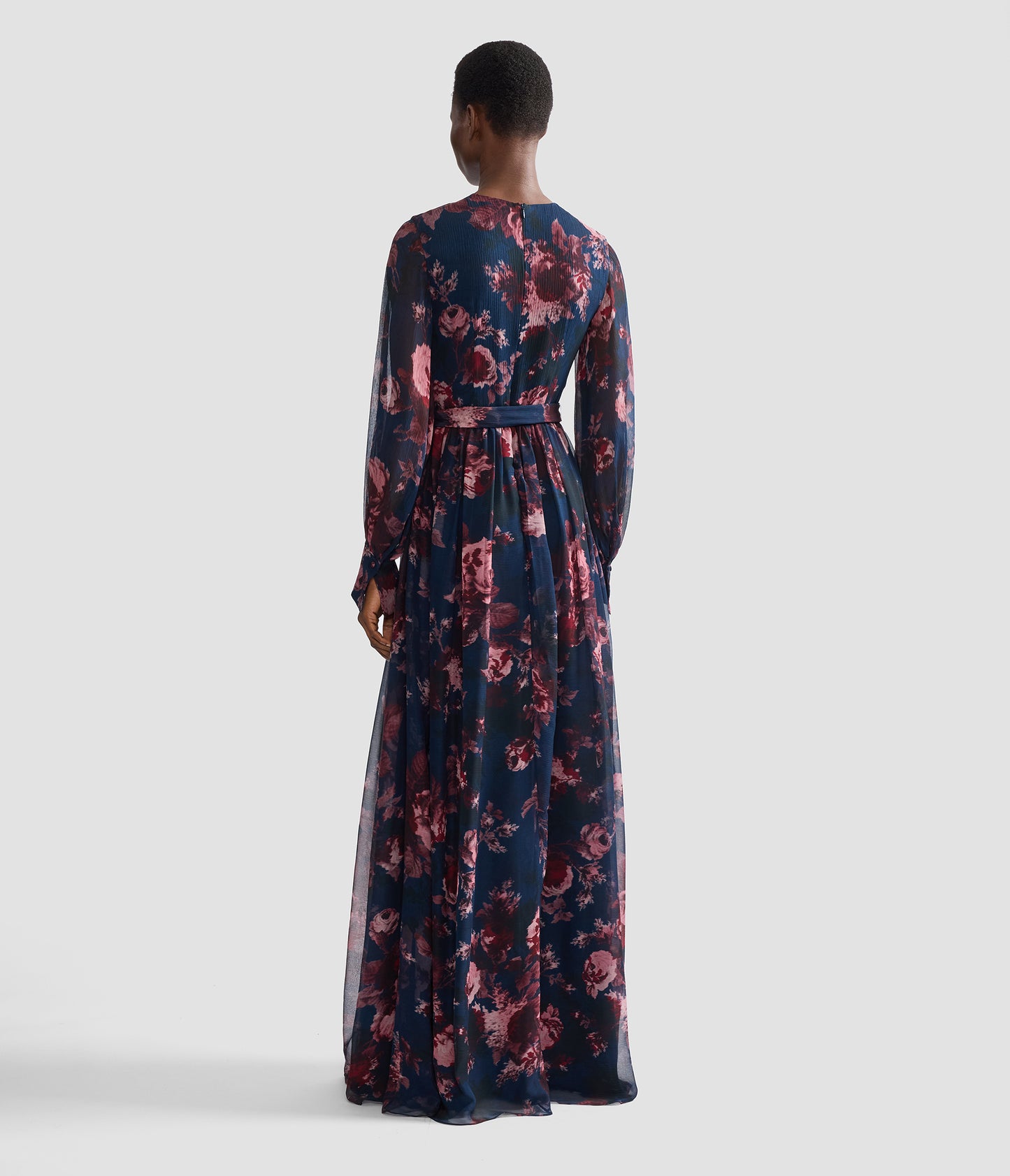 Floral Silk Creponne Long Sleeve Gown