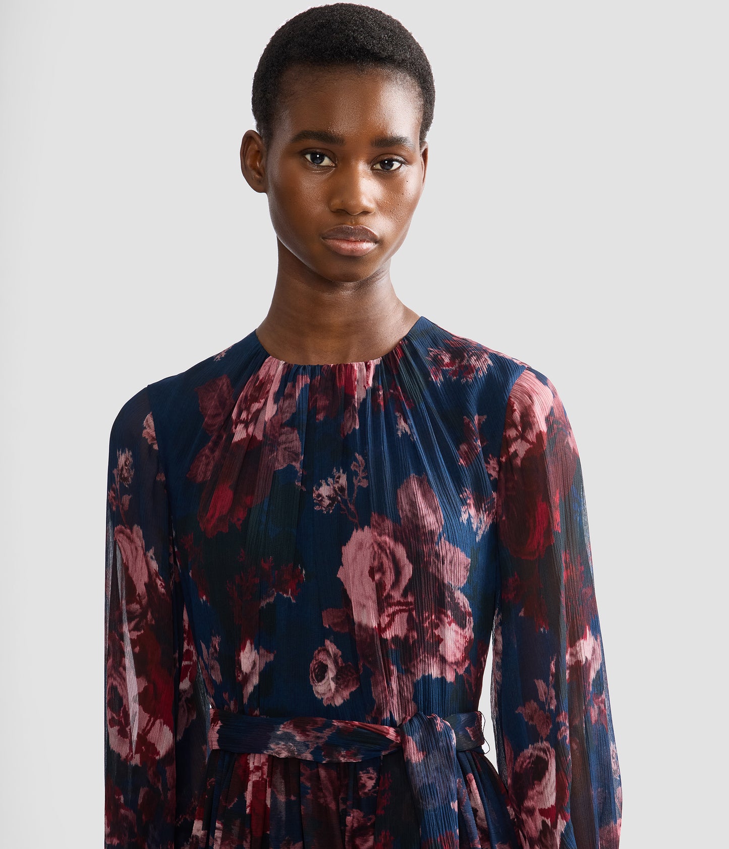Floral Silk Creponne Long Sleeve Gown