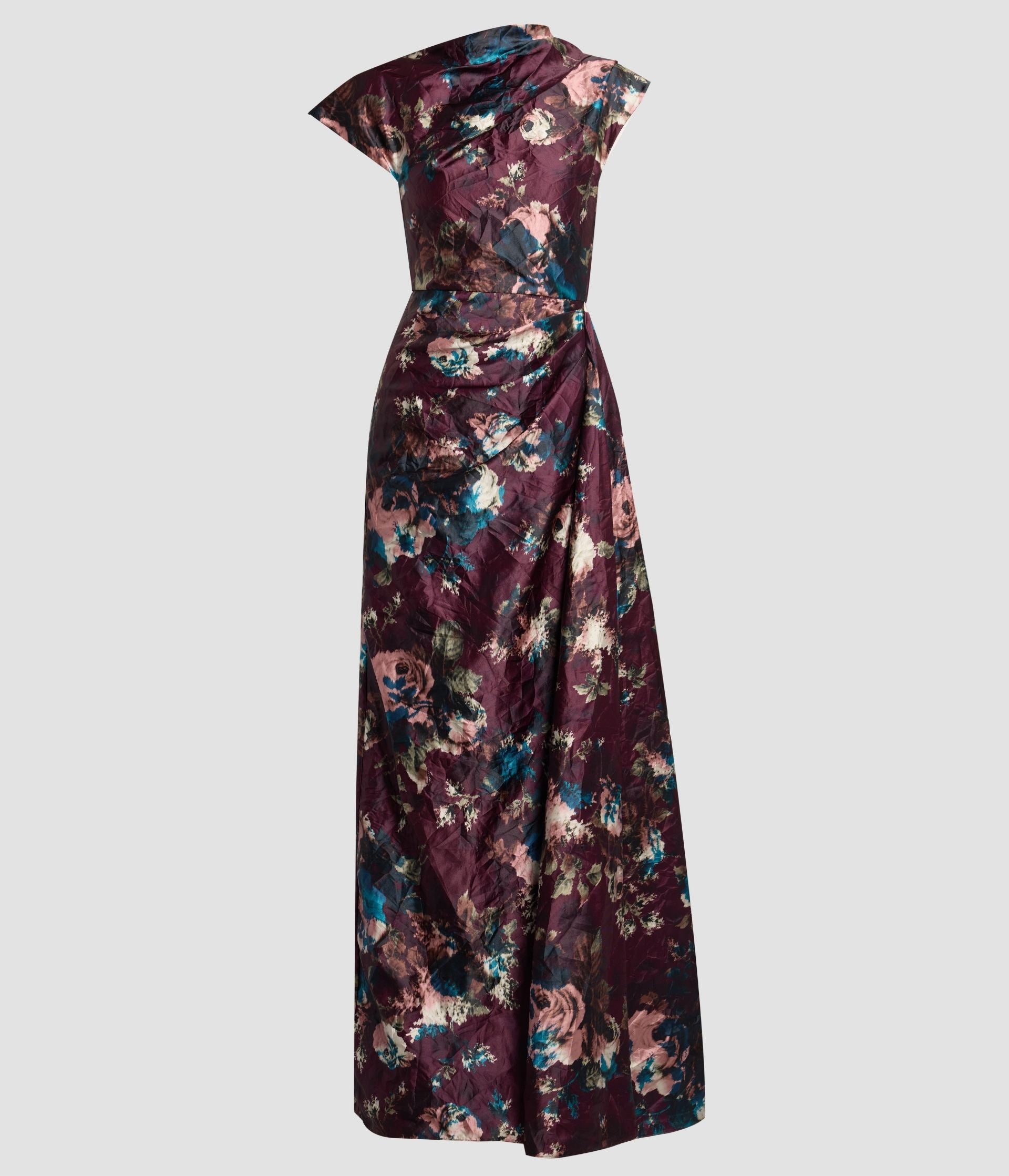 Floral Textured Satin Short Sleeve Draped Gown