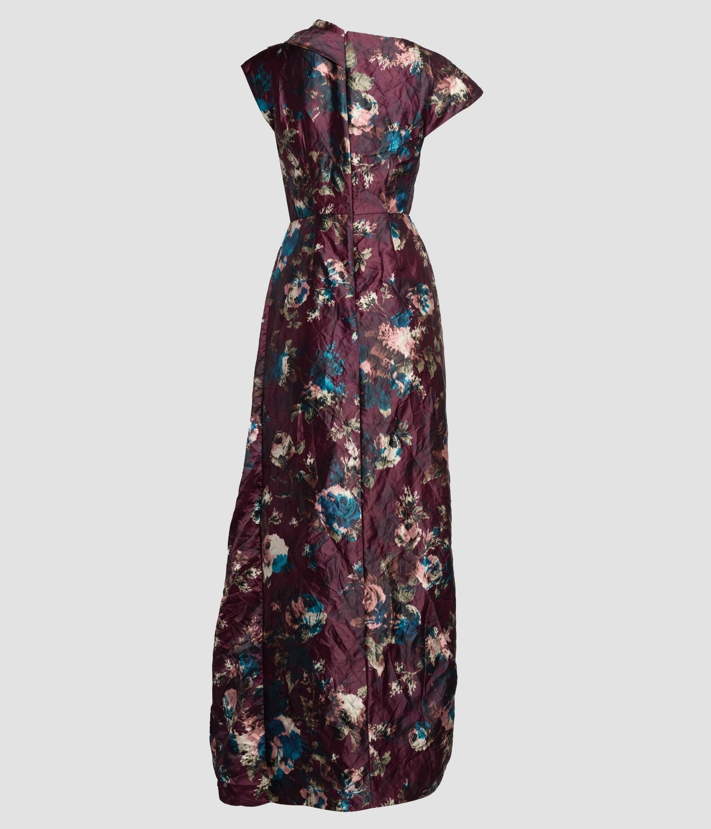 Floral Textured Satin Short Sleeve Draped Gown