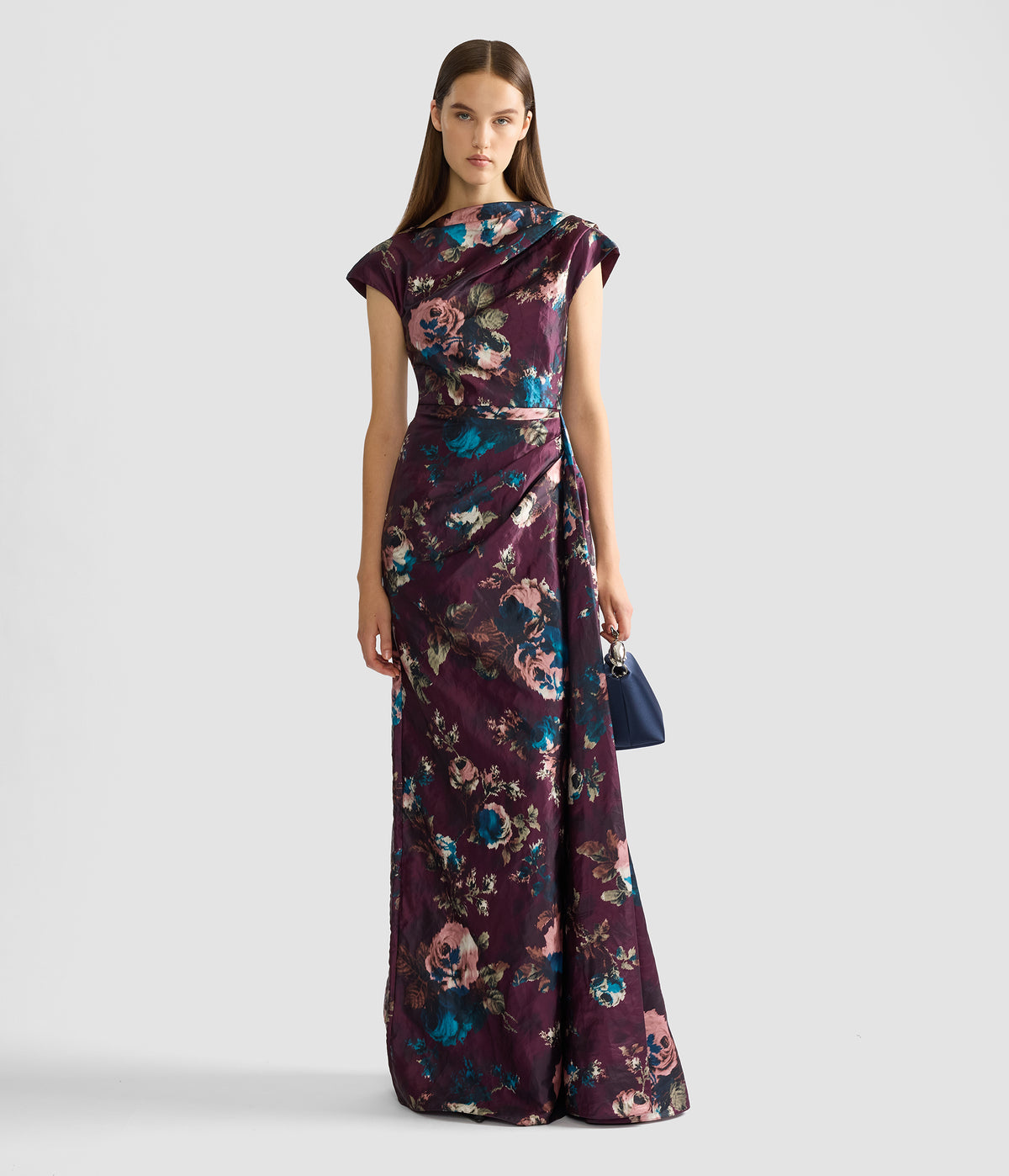 Floral Textured Satin Short Sleeve Draped Gown
