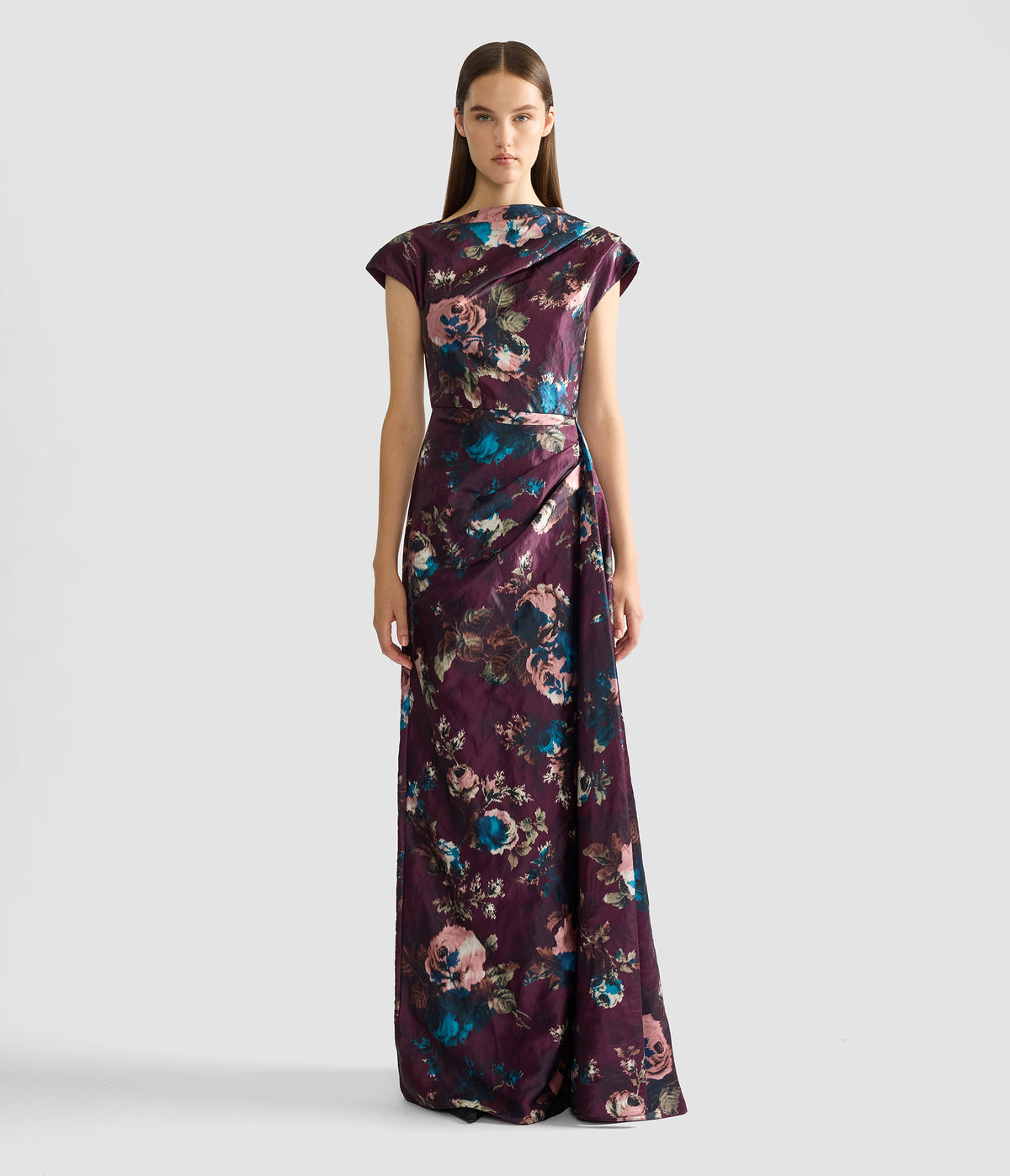 Floral Textured Satin Short Sleeve Draped Gown