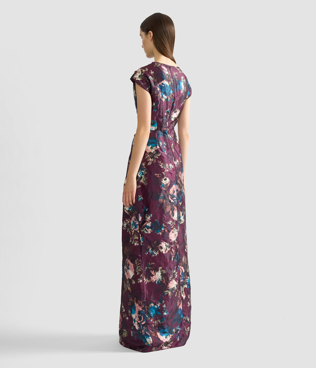 Floral Textured Satin Short Sleeve Draped Gown