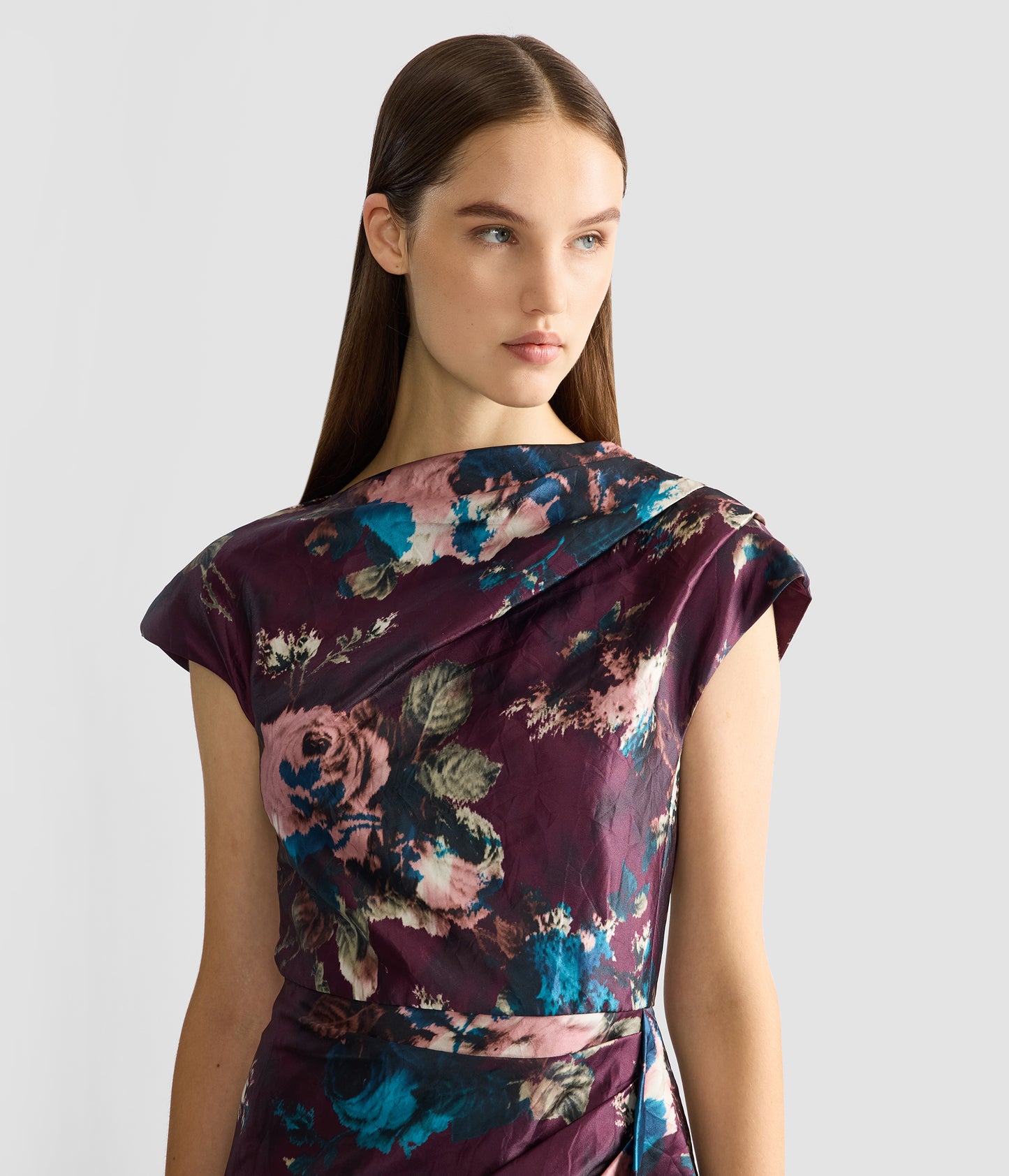 Floral Textured Satin Short Sleeve Draped Gown