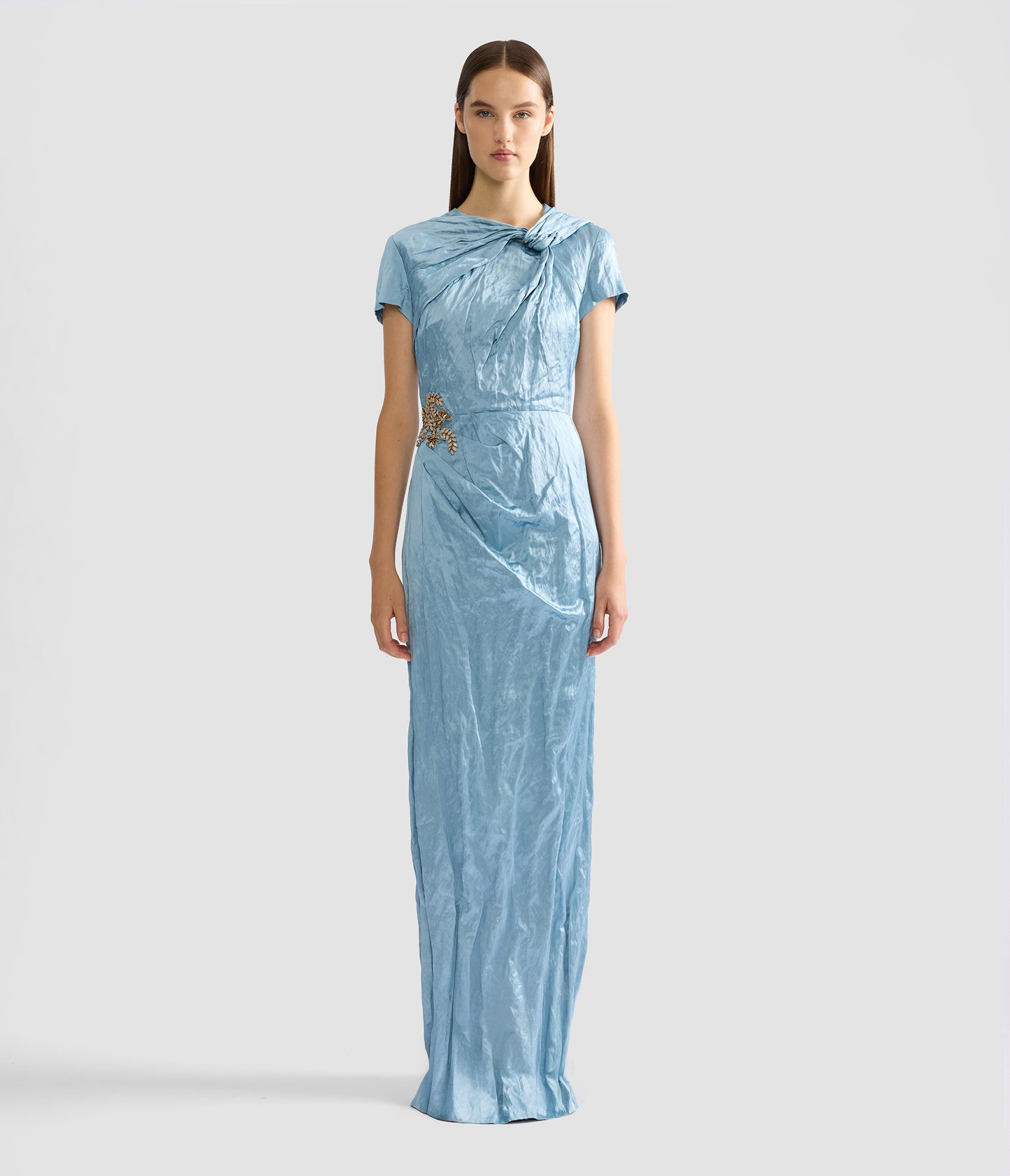 Embroidered Textured Satin Short Sleeve Draped Gown
