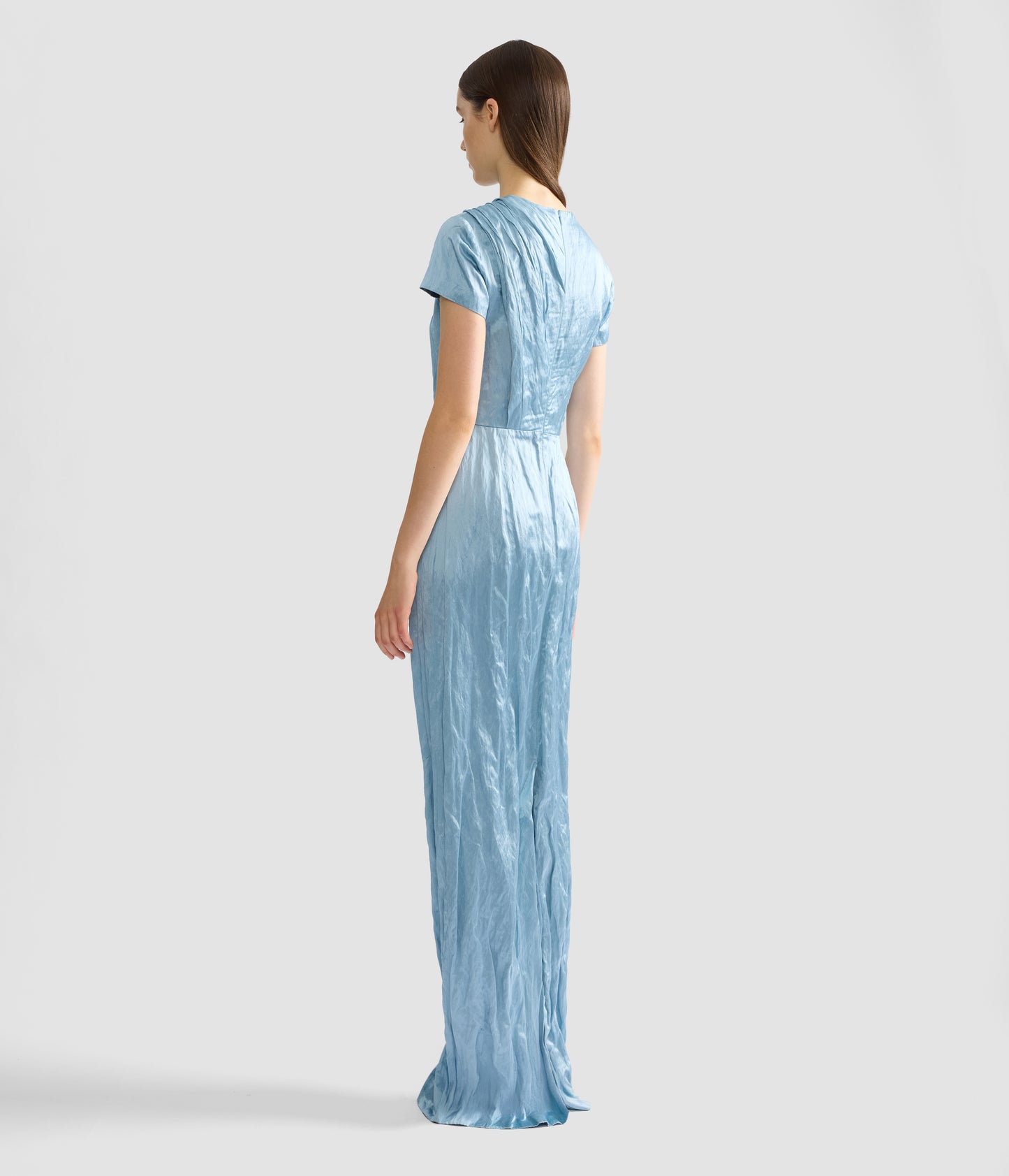 Embroidered Textured Satin Short Sleeve Draped Gown