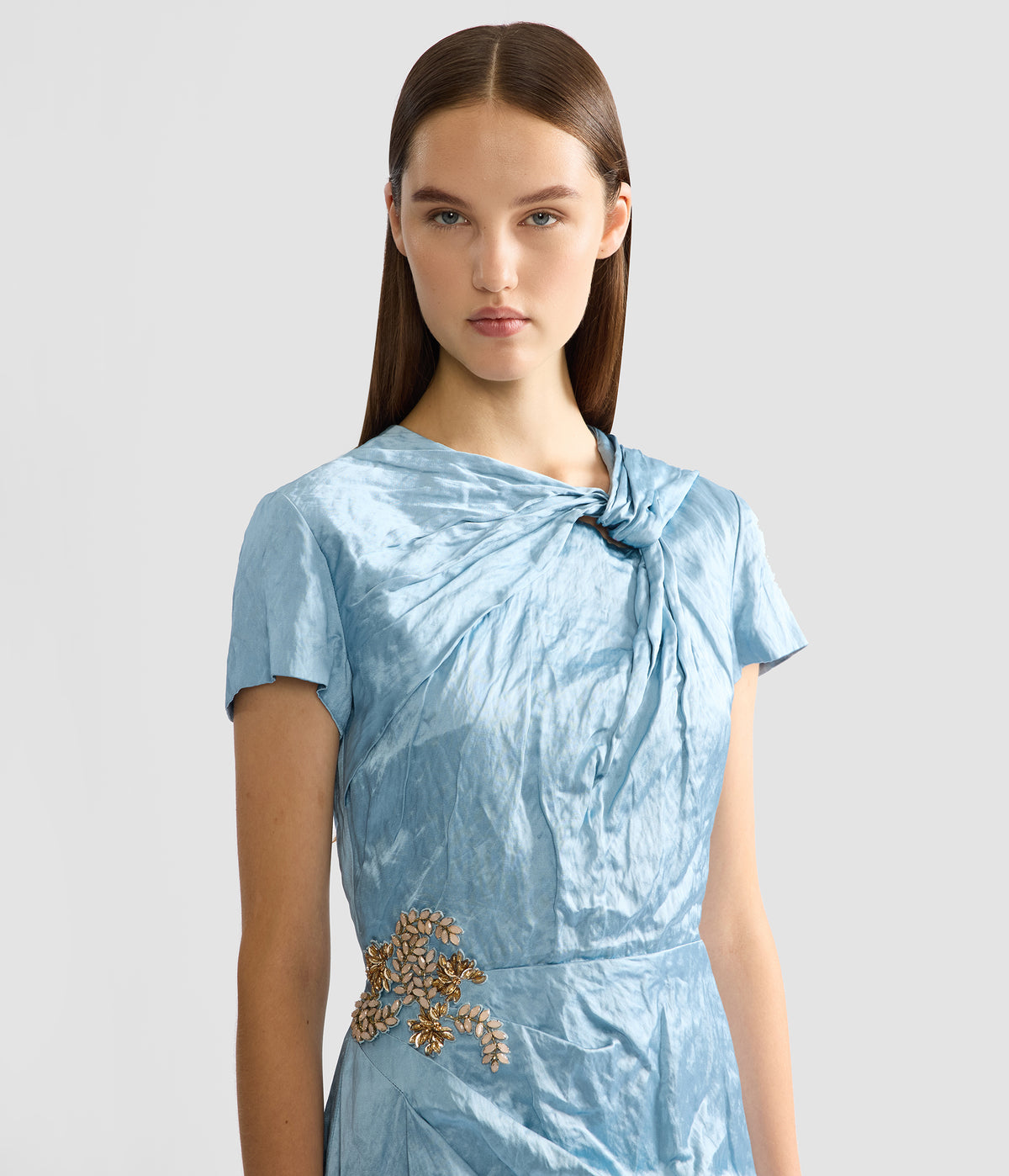 Embroidered Textured Satin Short Sleeve Draped Gown