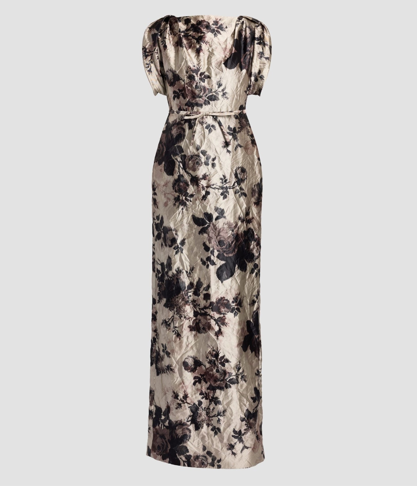 Floral Textured Satin Short Sleeve Gown
