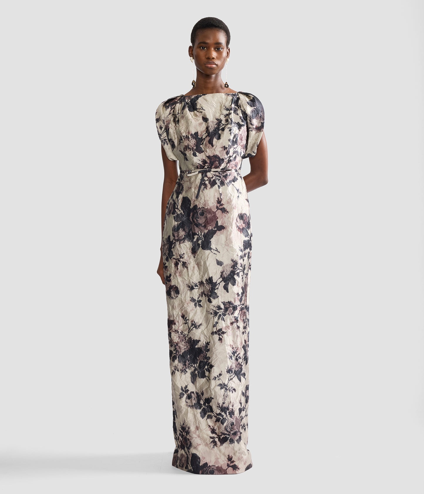 Floral Textured Satin Short Sleeve Gown