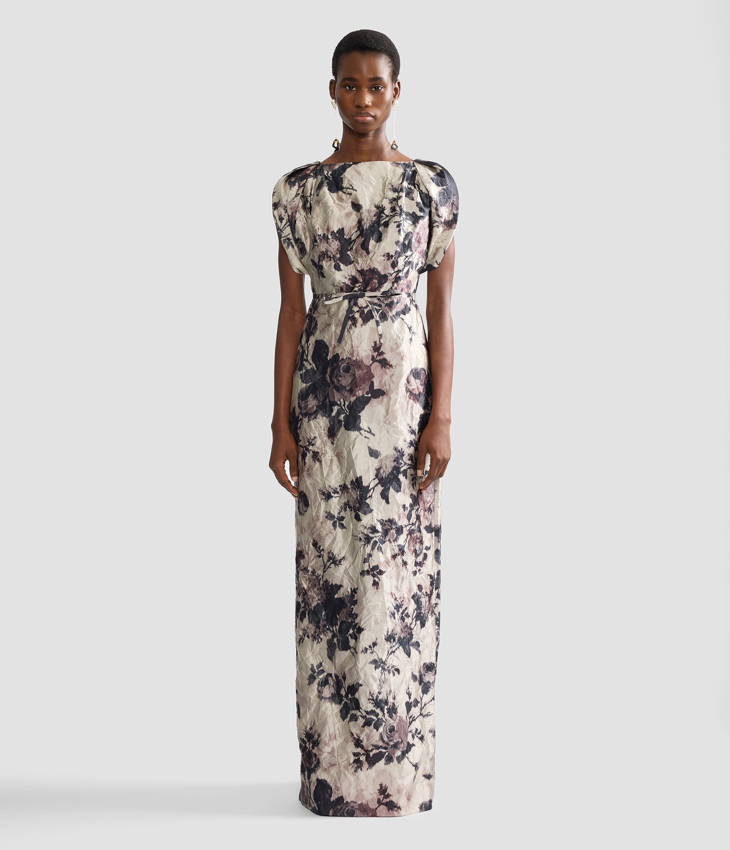 Floral Textured Satin Short Sleeve Gown